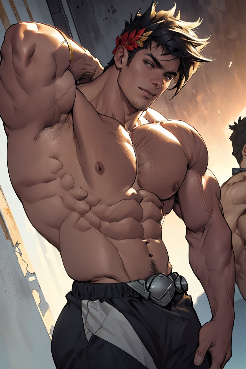 Close-up shot of Zagreus' chiseled physique, showcasing his impressive muscular development from various angles. His bulging biceps and defined pectorals are highlighted by a warm golden lighting, casting subtle shadows on his rugged skin. The camera pans across his broad chest, powerful shoulders, and toned abs as he strikes a dynamic pose, exuding confidence and strength.