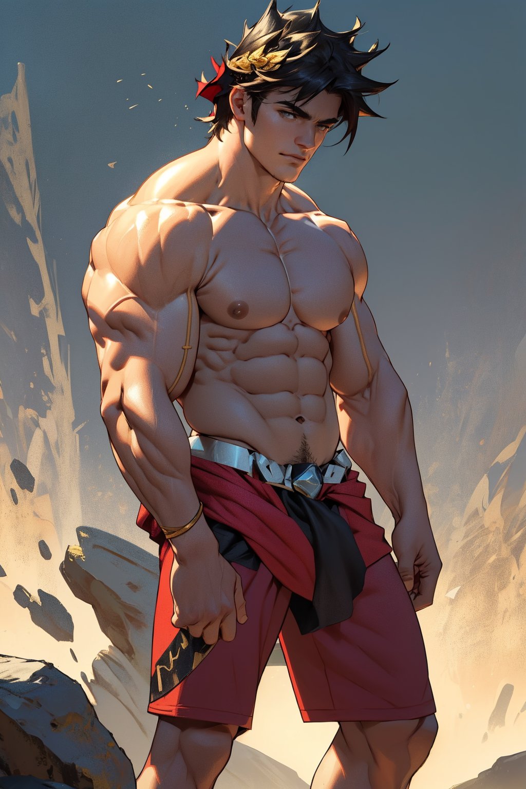 Close-up shot of Zagreus's chiseled physique, showcasing his broad chest, bulging biceps, and powerful shoulders, all exposed and gleaming in the warm golden light. The camera frames his muscular form against a neutral background, emphasizing the contours of his body as he stands confidently with his weight evenly distributed on both feet.