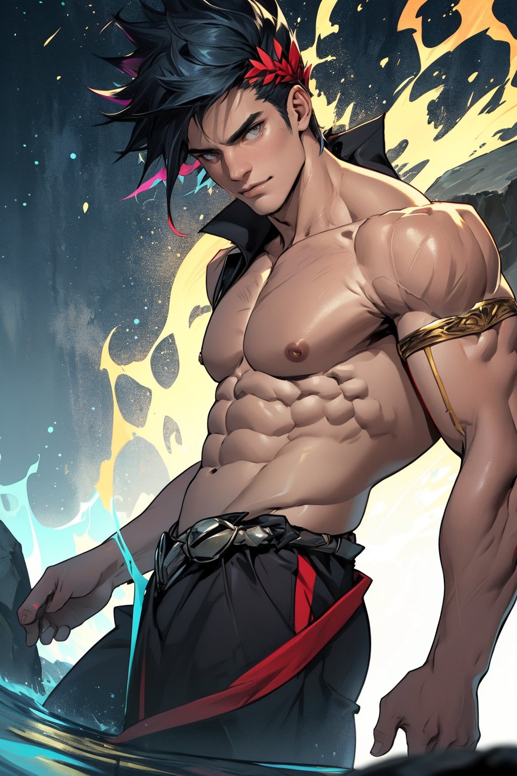A close-up shot of Zagreus, his chiseled muscles rippling beneath his skin as he poses confidently, his piercing gaze directed straight at the camera. The lighting is warm and golden, highlighting the definition in his physique. In the background, a subtle gradient of dark blues and purples evokes an otherworldly atmosphere. Zagreus' rugged features seem carved from stone, his sharp jawline and prominent cheekbones accentuating his powerful build.