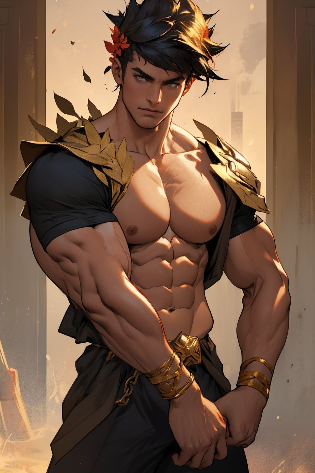 Zagreus' chiseled physique fills the frame, broad chest and bulging biceps radiating strength under warm golden lighting. Neutral background emphasizes his powerful shoulders, defined abs, and confident stance, weight evenly distributed between two feet as he stands proud, awaiting challenge or adventure.