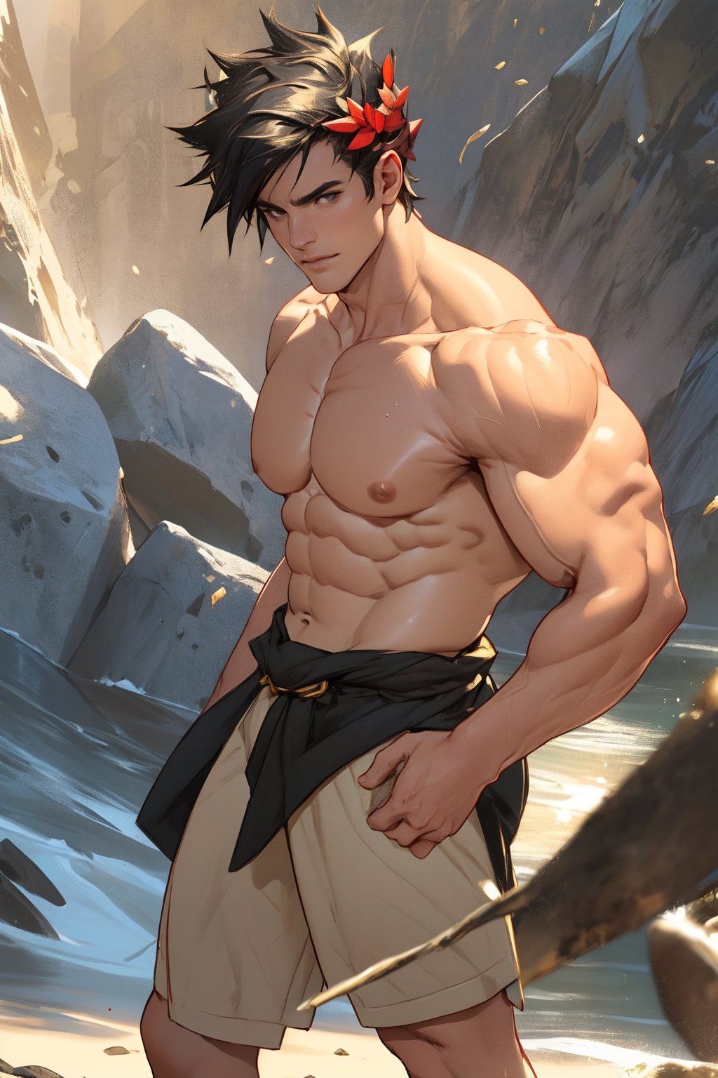 Close-up shot of Zagreus's chiseled physique, showcasing his broad chest, bulging biceps, and powerful shoulders, all exposed and gleaming in the warm golden light. The camera frames his muscular form against a neutral background, emphasizing the contours of his body as he stands confidently with his weight evenly distributed on both feet.