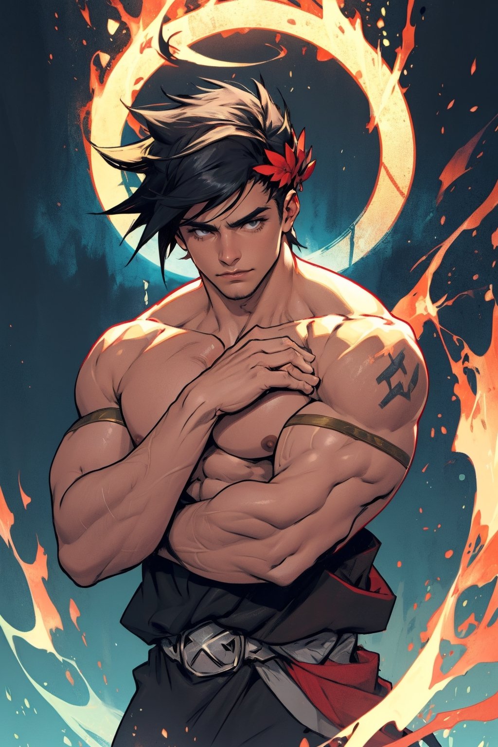 Zagreus showing his large muscular body without coverings on his chest, arms and shoulders 