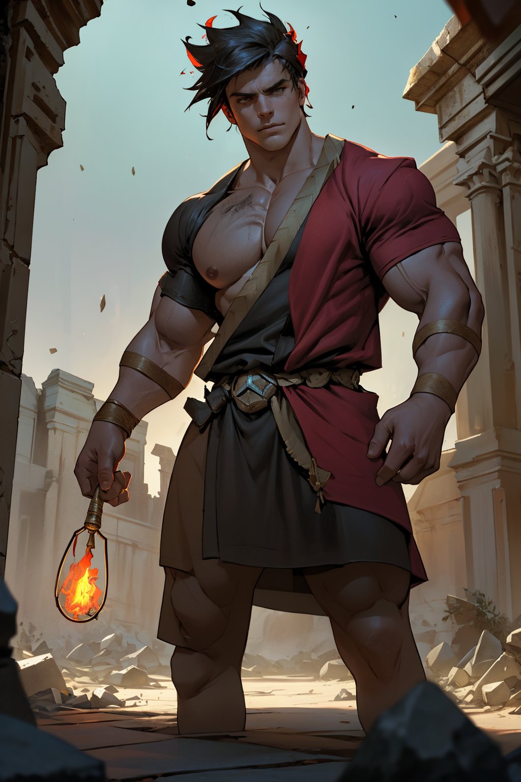 A close-up shot of Zagreus' chiseled physique, highlighting his robust muscles as he stands confidently in a dimly lit, ancient ruin. His rugged features and piercing gaze are framed by crumbling stone walls, while the flickering torchlight casts long shadows across his powerful form.