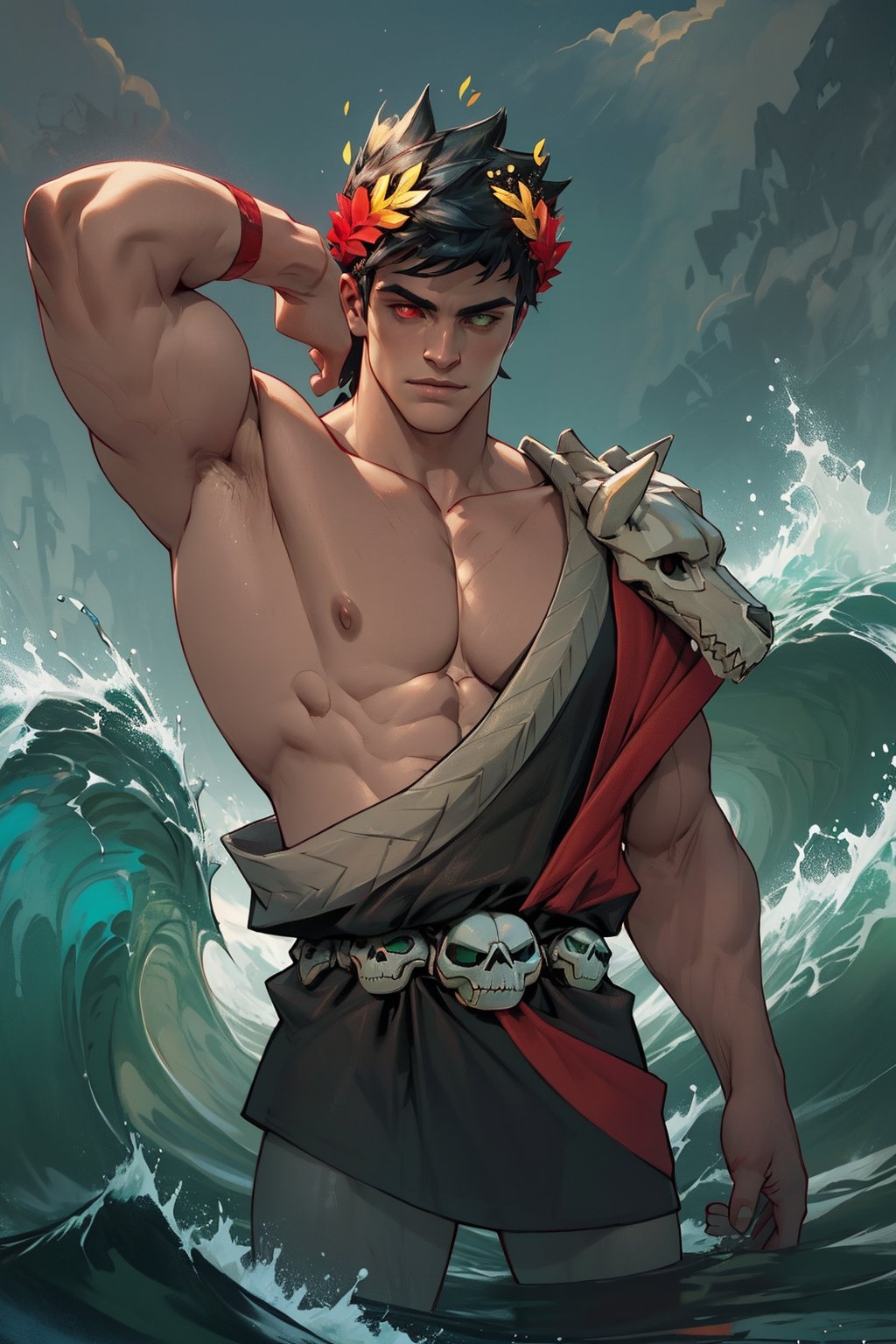 A hauntingly beautiful scene unfolds as Zagreus, a powerful figure, stands proud with his laurel crown adorning his dark, luscious hair. His heterochromatic eyes gleam in the dim light: the left, a radiant green, and the right, a fiery red. Muscular shoulders bare to the world, rippling beneath his skin like waves on a stormy sea. The camera zooms in on his chiseled features, highlighting the sculpted definition of his physique as he poses with an air of quiet confidence, his skull a striking counterpoint to the verdant and crimson hues surrounding it.