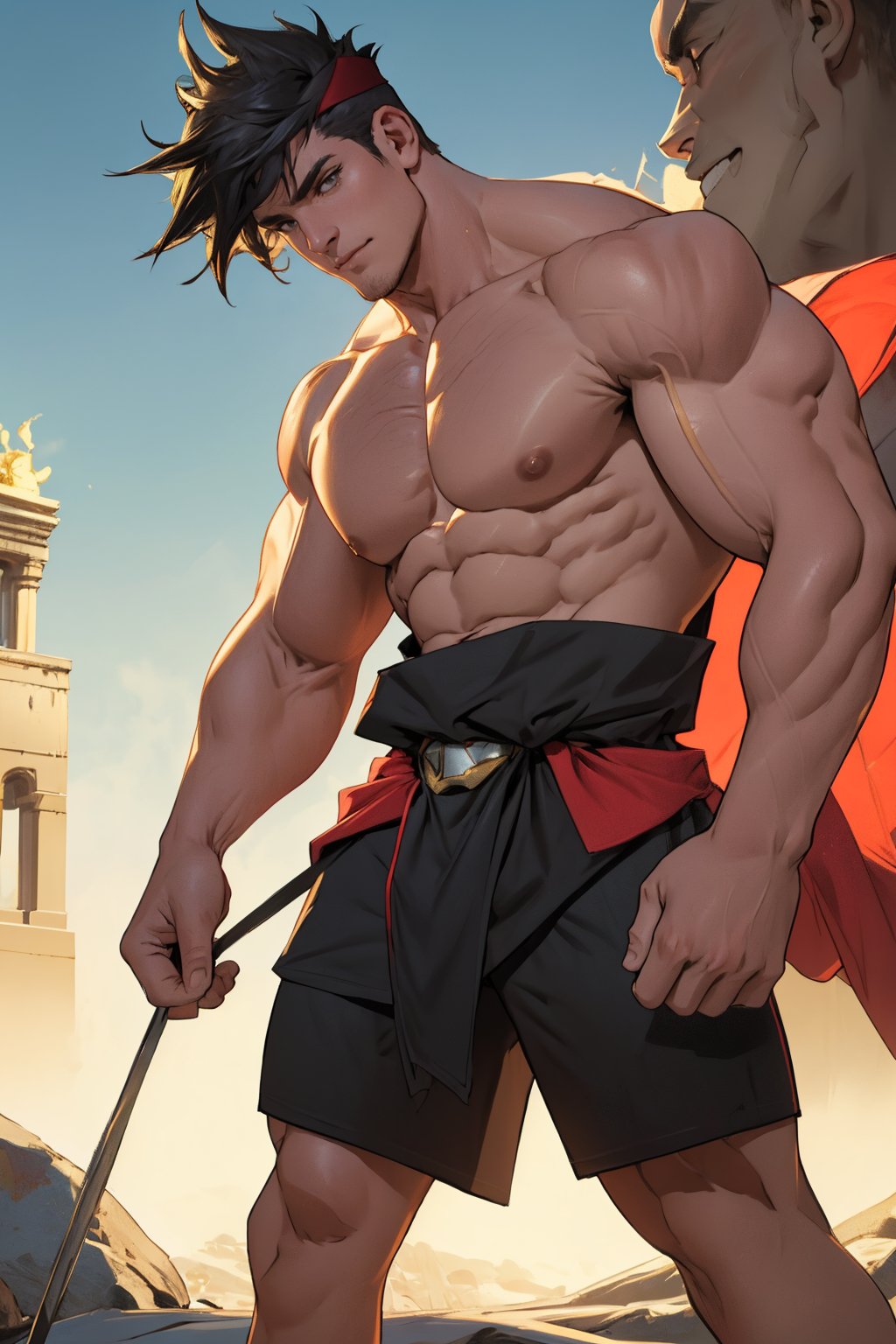 Golden light illuminates Zagreus' chiseled physique, capturing the broad chest, bulging biceps, and powerful shoulders in a close-up shot. The camera frames his muscular form against a neutral background, emphasizing the contours of his body as he stands confidently with even weight distribution on both feet, highlighting every defined muscle fiber.