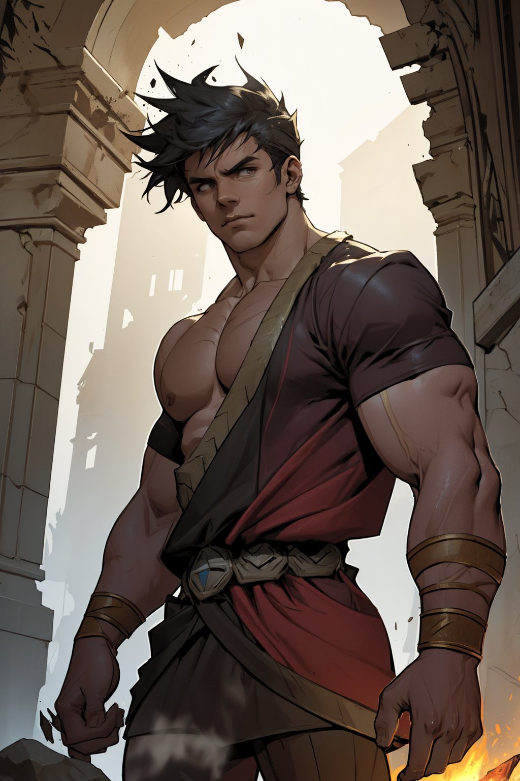 A close-up shot of Zagreus' chiseled physique, highlighting his robust muscles as he stands confidently in a dimly lit, ancient ruin. His rugged features and piercing gaze are framed by crumbling stone walls, while the flickering torchlight casts long shadows across his powerful form.