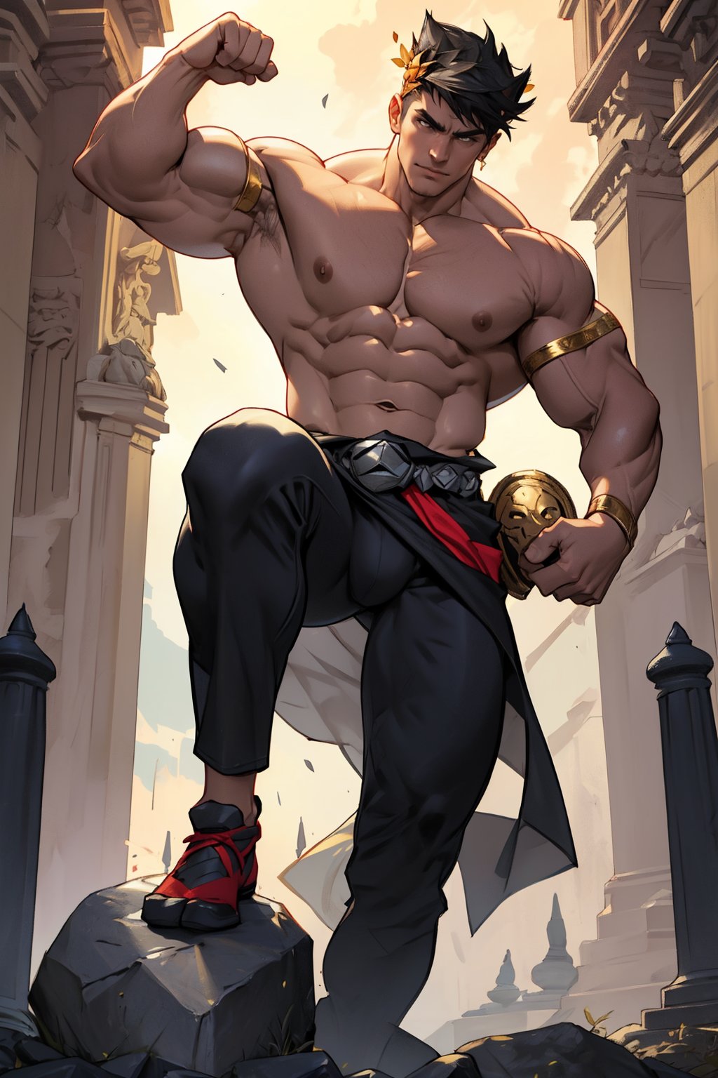 A dynamic portrait of Zagreus, rendered in vivid colors, captures his imposing physique as he flexes his mighty muscles. The camera frames him from the waist up, highlighting his chiseled abs and bulging biceps. A warm, golden light illuminates his skin, accentuating every contour and curve. His pose exudes confidence and strength, with one hand resting on a sturdy stone pedestal, while the other flexes free, as if ready to unleash his fury upon the world.
