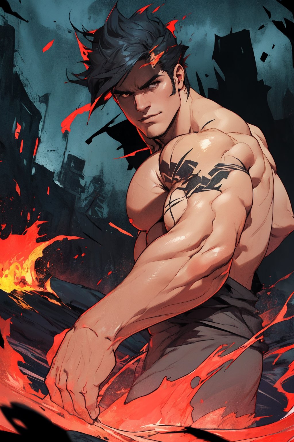 A close-up shot of Zagreus, a powerful demon with a massive, imposing physique, his large muscles rippling beneath his dark, scaly skin as he flexes his arm, the lighting casting deep shadows on his face and highlighting the sharp contours of his features. The background is a dark, eerie abyss, with faint, flickering flames dancing in the distance.