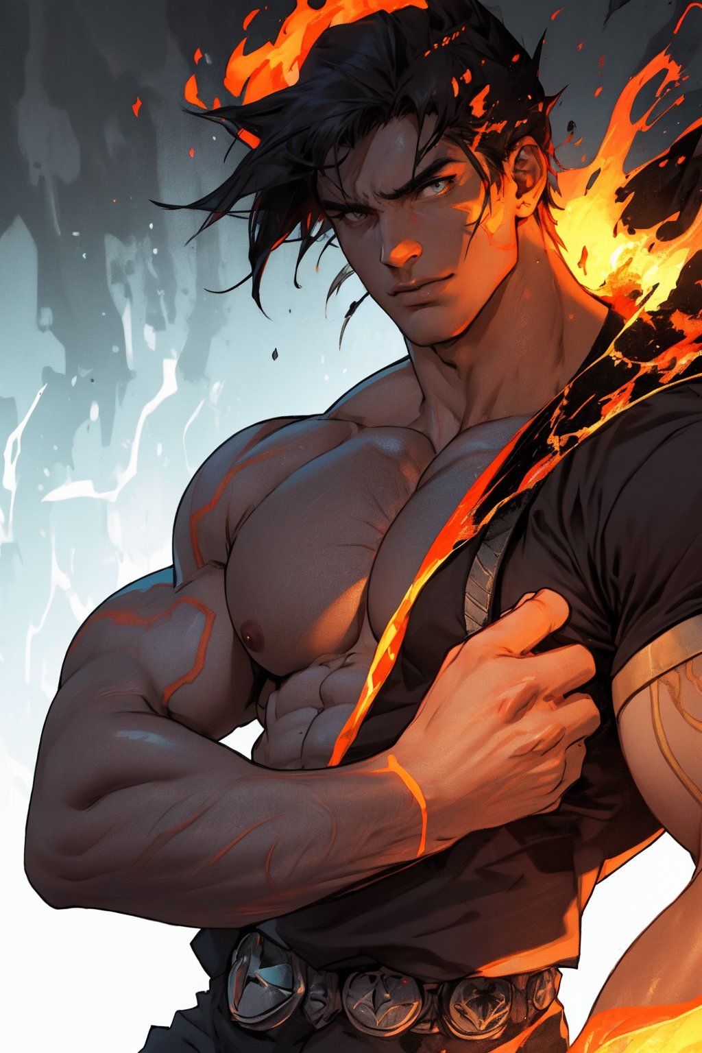 A close-up shot of Zagreus, a powerful demon with a massive, imposing physique, his large muscles rippling beneath his dark, scaly skin as he flexes his arm, the lighting casting deep shadows on his face and highlighting the sharp contours of his features. The background is a dark, eerie abyss, with faint, flickering flames dancing in the distance.