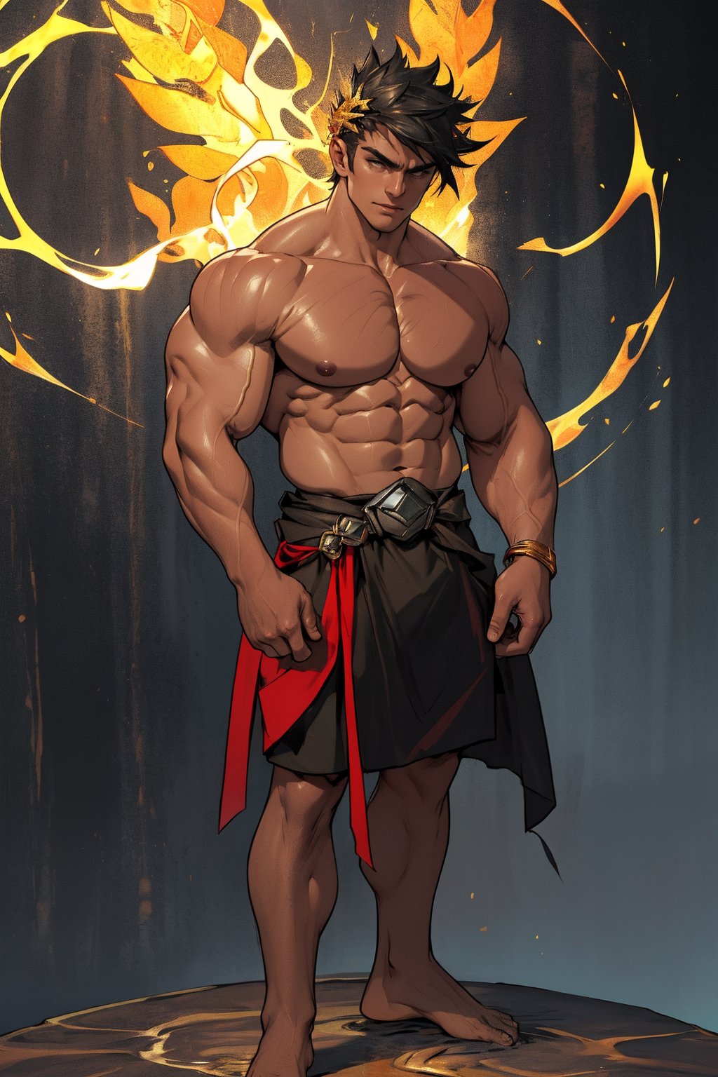 Zagreus' chiseled physique fills the frame, defined muscles rippling beneath his bronzed skin as he stands confidently with feet shoulder-width apart. Warm lighting accentuates the contours of his chest and arms, casting a golden glow on his rugged features. The background fades to soft focus, drawing attention solely to the powerful demon's imposing presence.