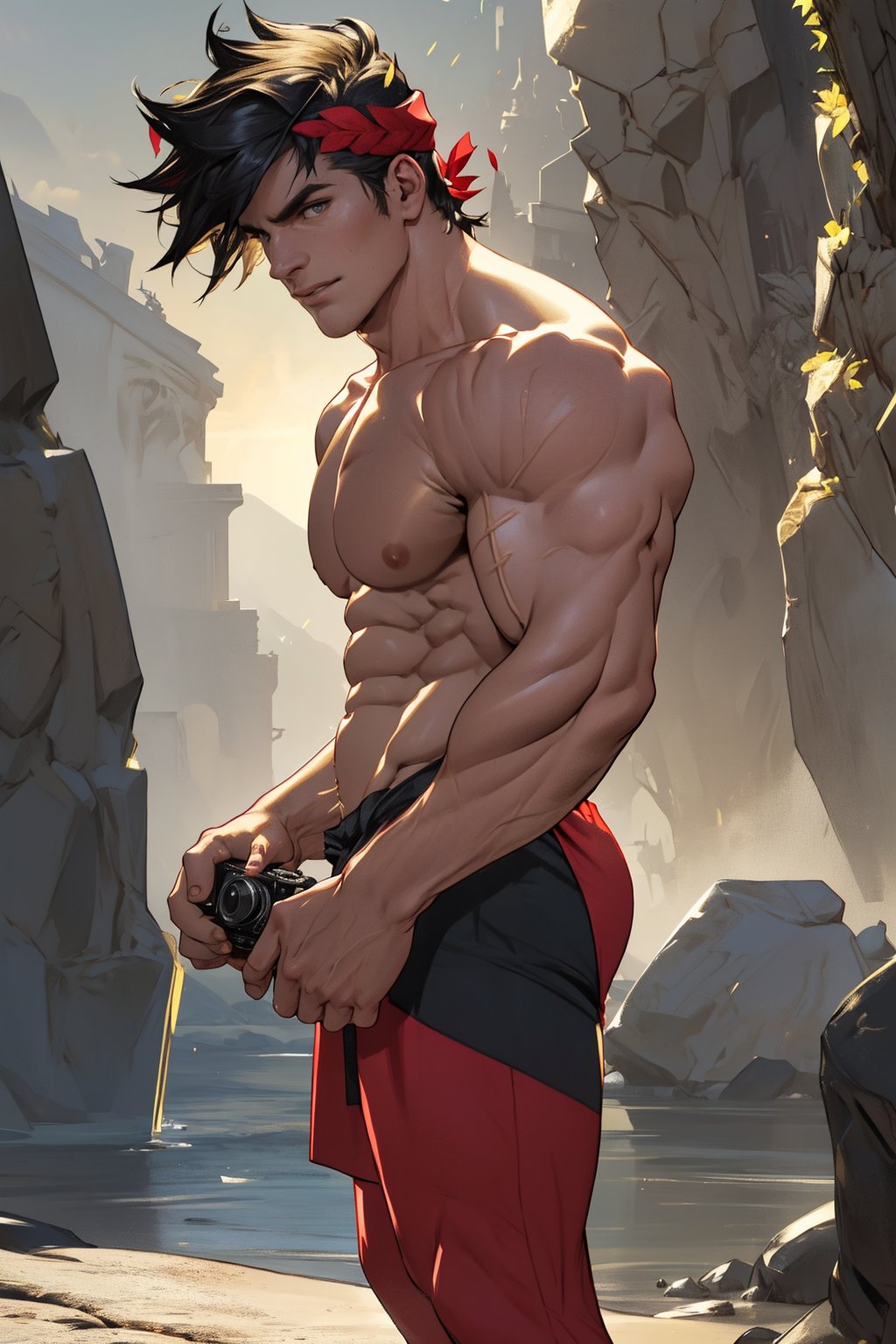 Close-up shot of Zagreus's chiseled physique, showcasing his broad chest, bulging biceps, and powerful shoulders, all exposed and gleaming in the warm golden light. The camera frames his muscular form against a neutral background, emphasizing the contours of his body as he stands confidently with his weight evenly distributed on both feet.