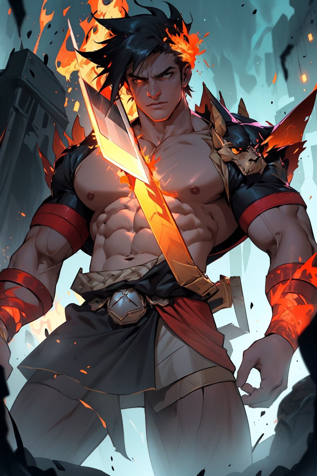 Zagreus stands imposingly, filling the frame with his rugged physique. His muscular arms flex around the gleaming sword, veins prominent beneath scaly skin. In the background, the fiery underworld pit glows with an ominous orange light, casting a warm yet foreboding ambiance on his powerful form as he commands attention.