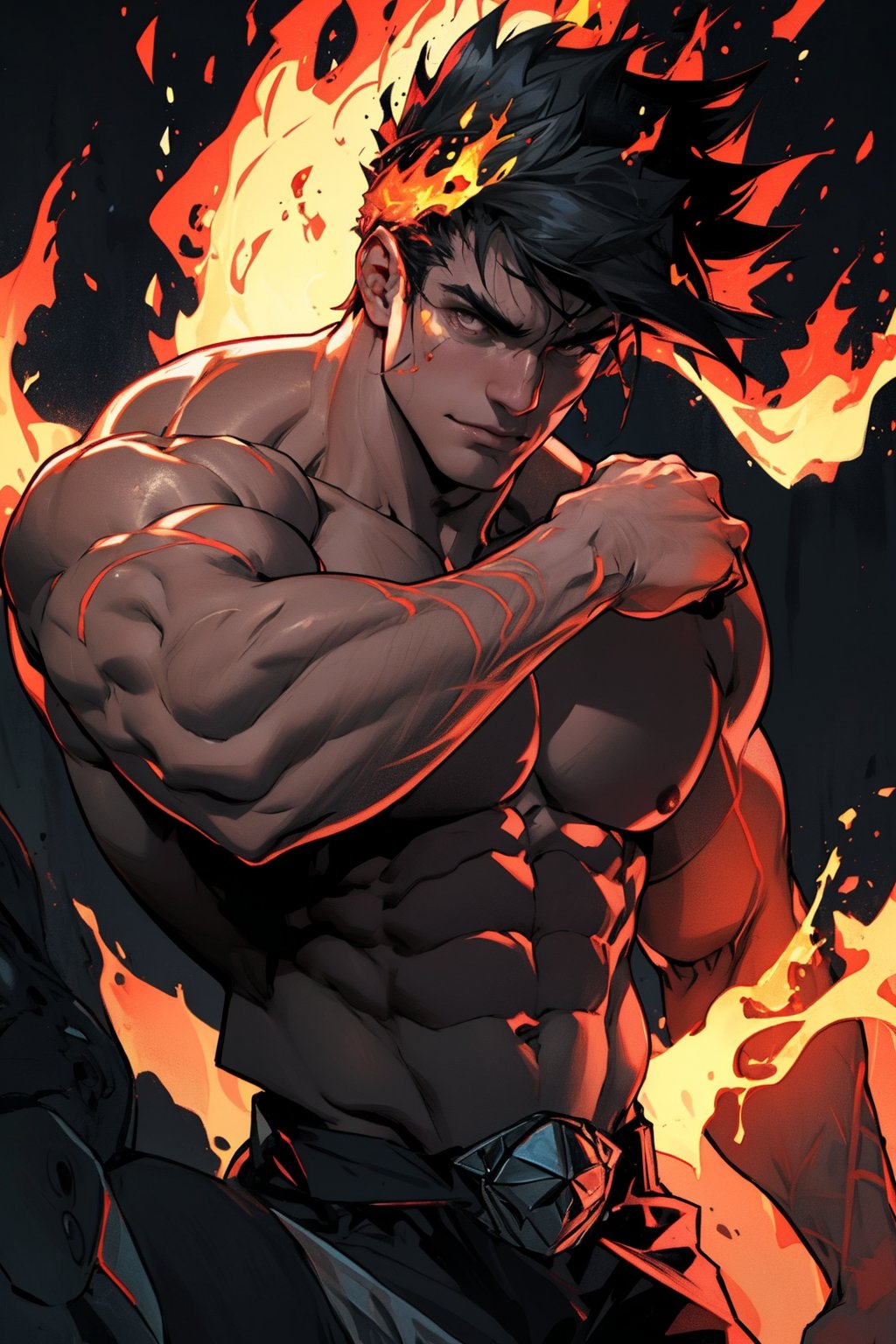 A close-up shot of Zagreus, a powerful demon with a massive, imposing physique, his large muscles rippling beneath his dark, scaly skin as he flexes his arm, the lighting casting deep shadows on his face and highlighting the sharp contours of his features. The background is a dark, eerie abyss, with faint, flickering flames dancing in the distance.