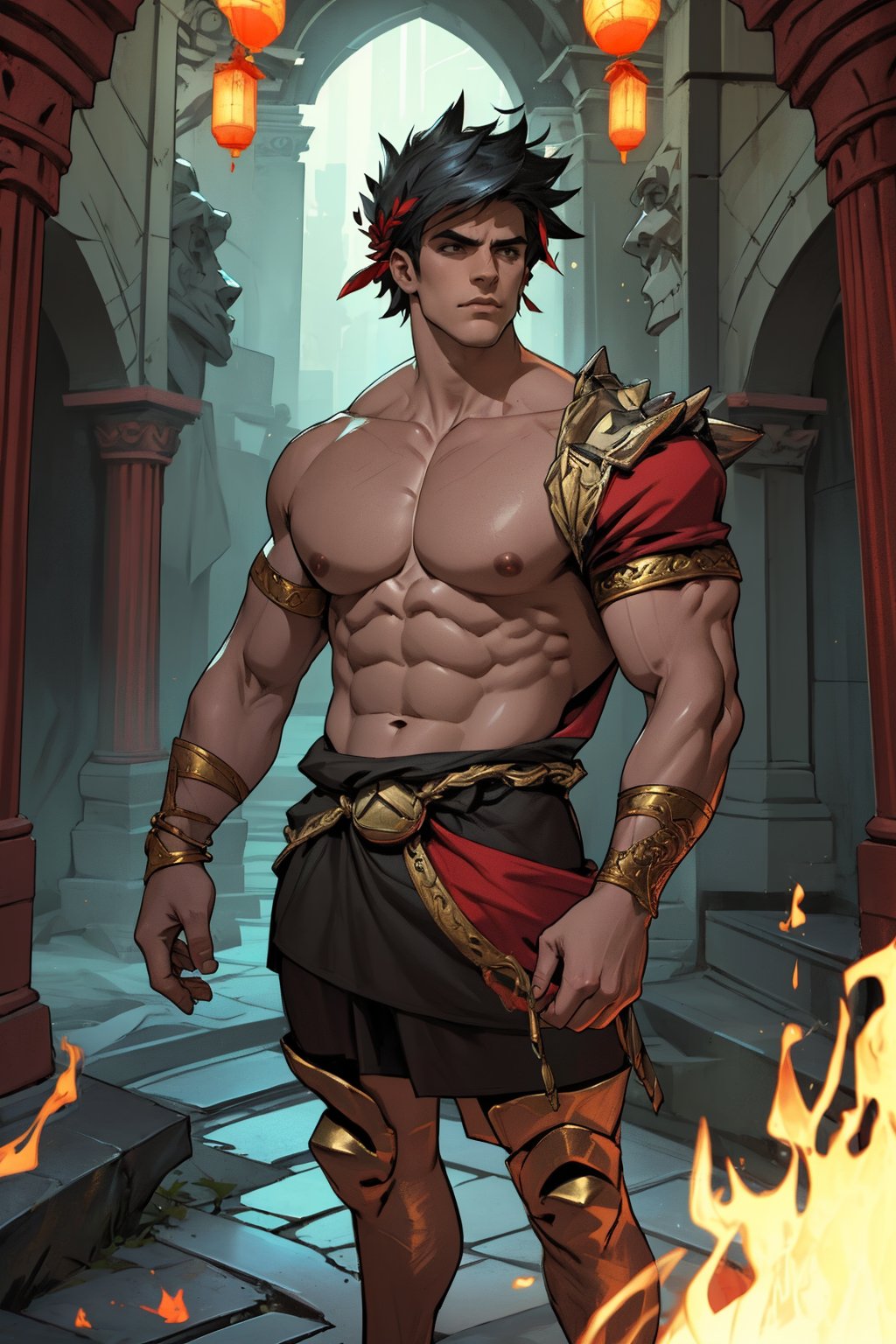 Zagreus stands confidently, his massive physique dominating the darkened temple's dimly lit chamber. Framed by the archway, his broad shoulders and powerful arms are accentuated by the shadows, while his chiseled chest and defined abs seem to gleam in the faint torchlight. The air thick with ancient incense, Zagreus' piercing gaze casts an unyielding glare, his presence commanding attention as he stands resolute before the ornate altar.