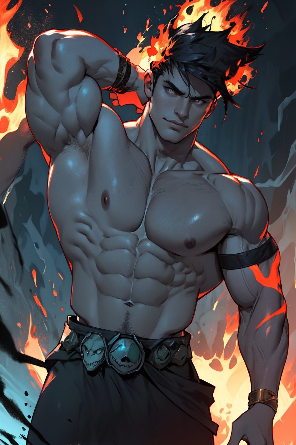 A close-up shot of Zagreus, a powerful demon with a massive, imposing physique, his large muscles rippling beneath his dark, scaly skin as he flexes his arm, the lighting casting deep shadows on his face and highlighting the sharp contours of his features. The background is a dark, eerie abyss, with faint, flickering flames dancing in the distance.