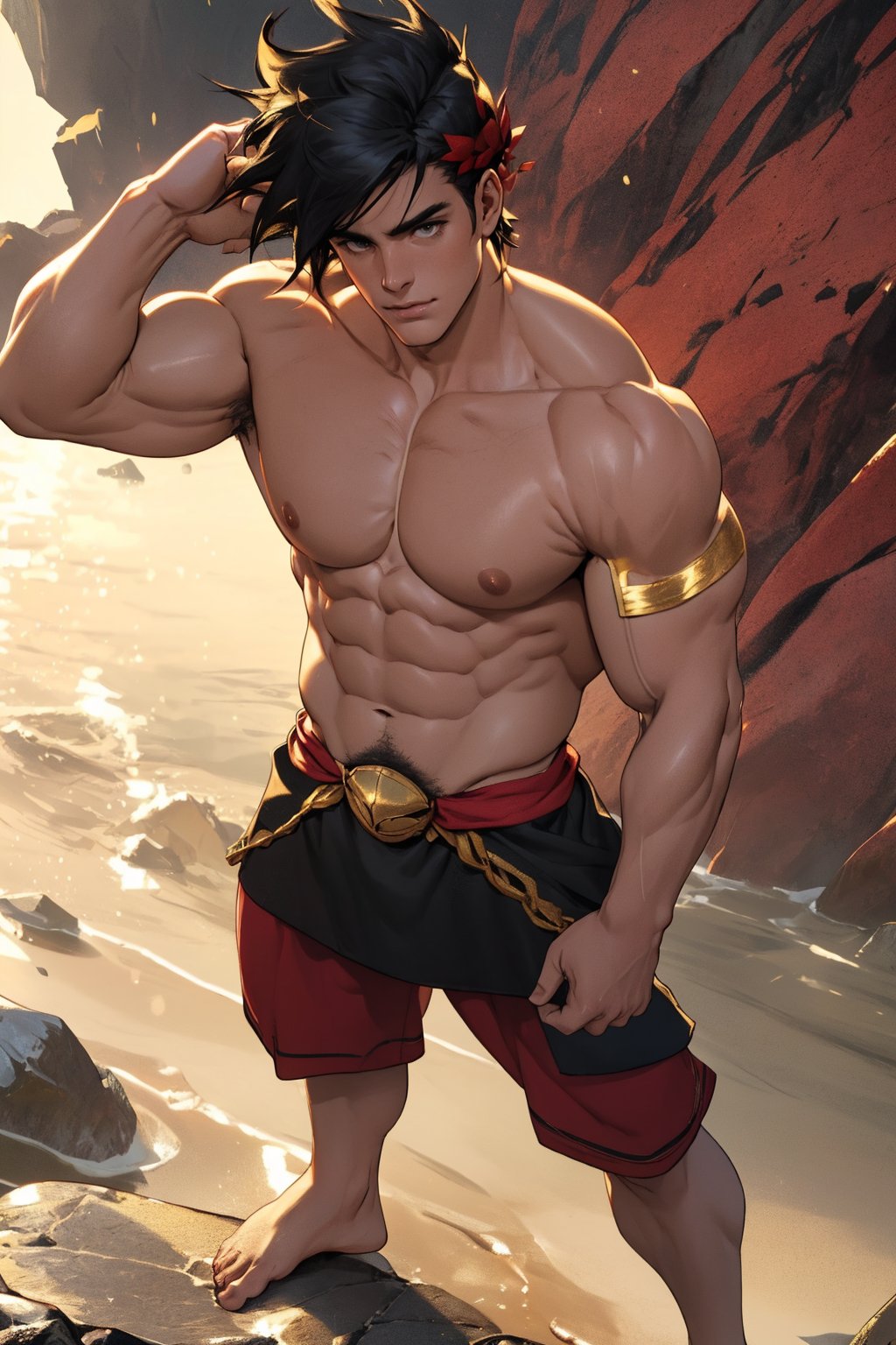 Close-up shot of Zagreus's chiseled physique, showcasing his broad chest, bulging biceps, and powerful shoulders, all exposed and gleaming in the warm golden light. The camera frames his muscular form against a neutral background, emphasizing the contours of his body as he stands confidently with his weight evenly distributed on both feet.