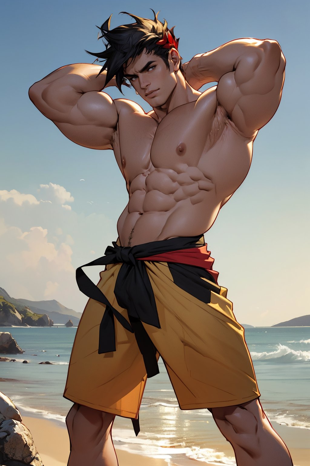 Close-up shot of Zagreus's chiseled physique, showcasing his broad chest, bulging biceps, and powerful shoulders, all exposed and gleaming in the warm golden light. The camera frames his muscular form against a neutral background, emphasizing the contours of his body as he stands confidently with his weight evenly distributed on both feet.