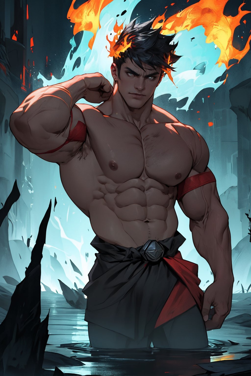 A close-up shot of Zagreus, a powerful demon with a massive, imposing physique, his large muscles rippling beneath his dark, scaly skin as he flexes his arm, the lighting casting deep shadows on his face and highlighting the sharp contours of his features. The background is a dark, eerie abyss, with faint, flickering flames dancing in the distance.