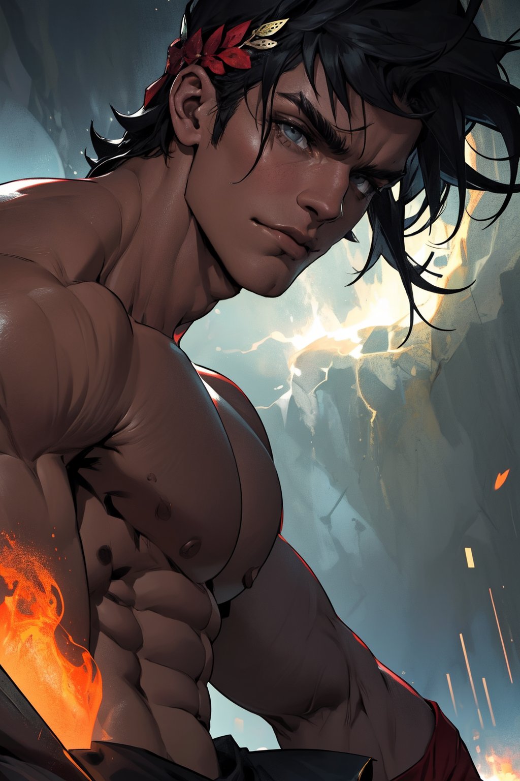 A close-up shot of Zagreus' chiseled face, his piercing gaze fixed on the camera as he proudly displays his massive, well-defined muscles. His broad shoulders and powerful physique are set against a dark, ominous background, lit by a single, intense spotlight that accentuates every contour of his imposing figure.