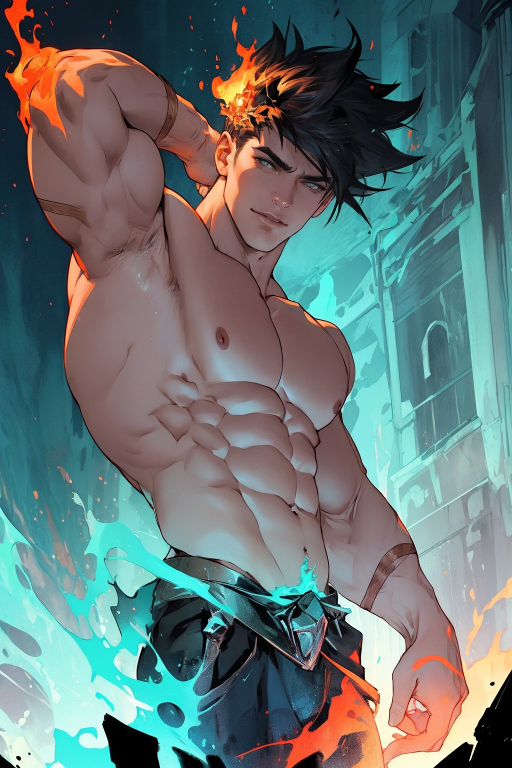 A close-up shot of Zagreus, a powerful demon with a massive, imposing physique, his large muscles rippling beneath his dark, scaly skin as he flexes his arm, the lighting casting deep shadows on his face and highlighting the sharp contours of his features. The background is a dark, eerie abyss, with faint, flickering flames dancing in the distance.