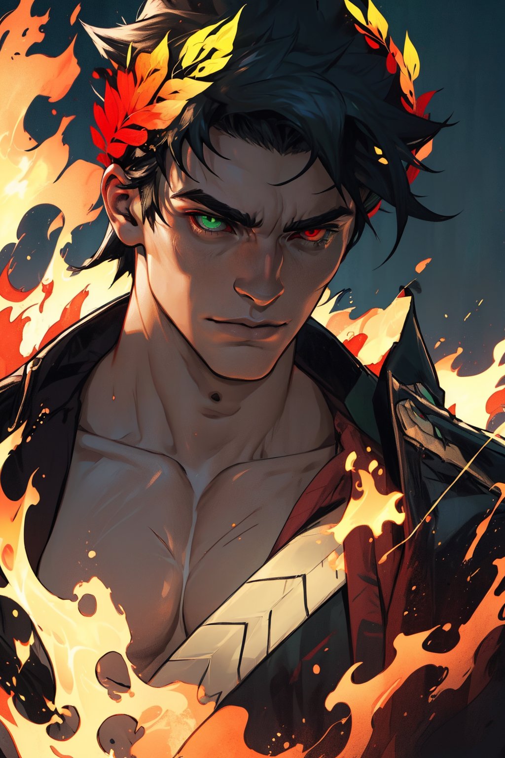 A moody, atmospheric shot of Zagreus, a young boy with striking features, wears a laurel crown atop his jet-black hair. His eyes, a mesmerizing display of heterochromia, gleam in the dim light: the left eye shines bright green, while the right eye burns with a fiery red intensity. Muscular and imposing, Zagreus's physique is accentuated by the dramatic shadows cast upon him, as if the very darkness itself has coalesced around his powerful form.