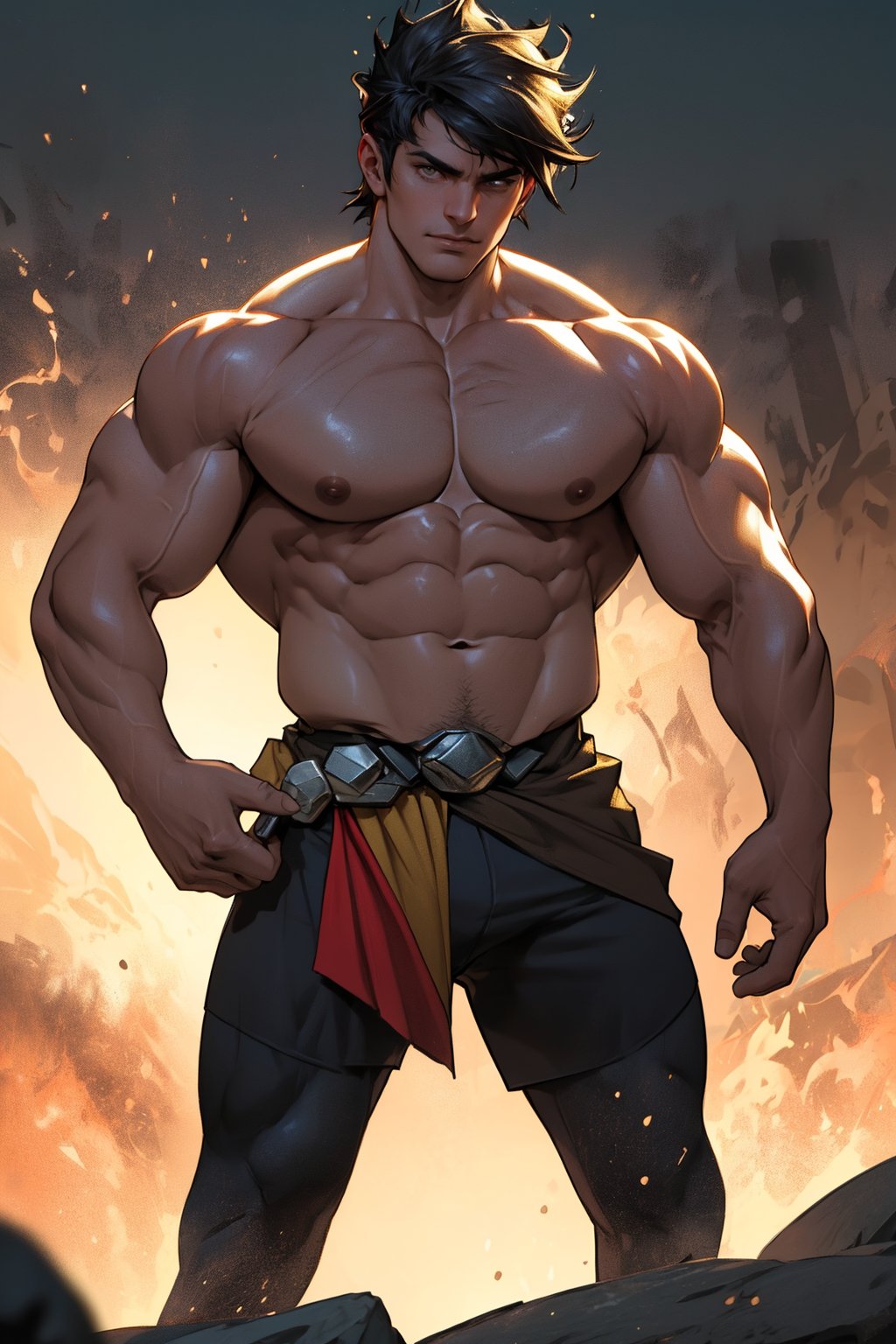 Zagreus' chiseled physique fills the frame, muscles rippling beneath his bronzed skin as he stands with confident swagger, feet shoulder-width apart. Warm lighting casts a golden glow on his rugged features, accentuating the contours of his chest and arms. The blurred background fades into obscurity, concentrating all attention on the demon's imposing presence, radiating unyielding power.