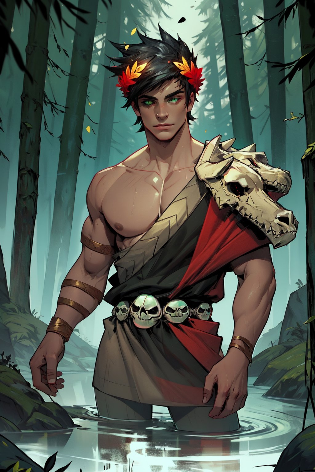 A dark, mystical forest serves as the backdrop for Zagreus, a powerful male figure. He wears a laurel crown on his brow, and his black hair falls to his shoulders like a waterfall of night. His eyes are a striking display of heterochromia, with his left eye glowing green and his right eye blazing red. His muscular physique is accentuated by the Single bare shoulder, showcasing his impressive buff body. The skull-like face stands out against the dimly lit forest, as if bathed in an otherworldly aura.