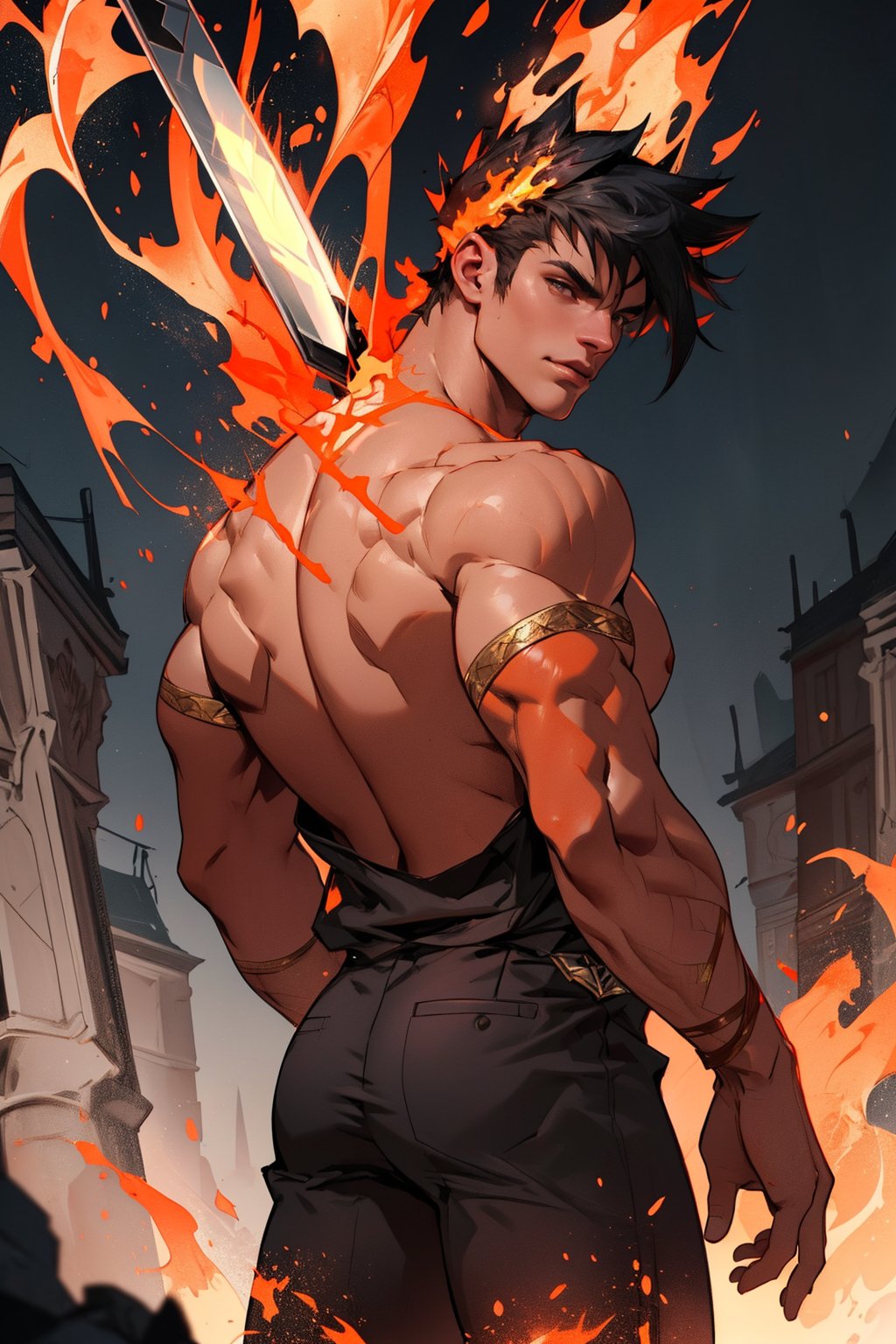 A close-up shot frames Zagreus' imposing physique, his muscular arms flexing as he grasps the gleaming sword, veiny scales glistening with a hint of menace. The fiery pit's orange glow illuminates his powerful form from behind, casting an ominous ambiance that emphasizes his dominating presence.