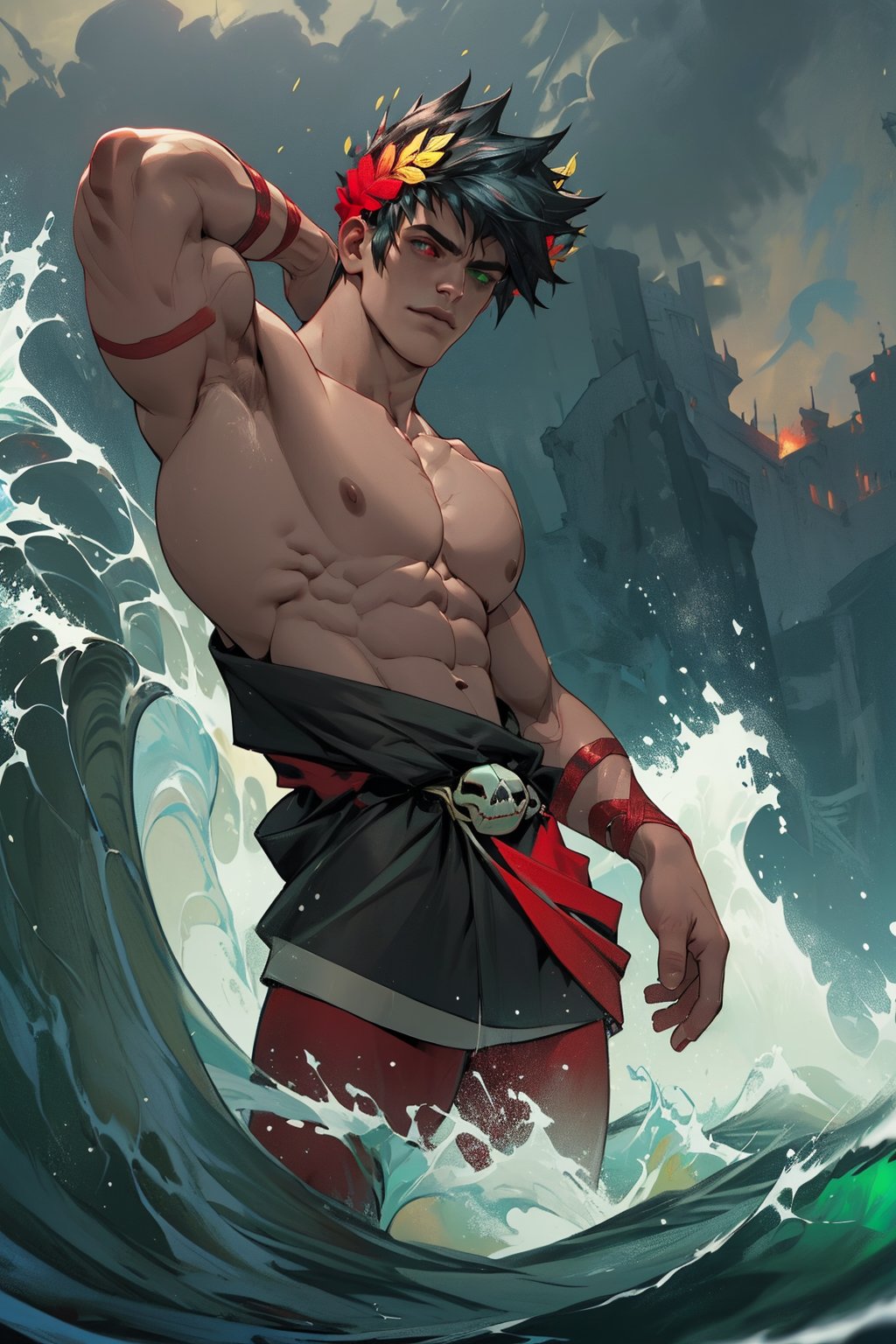 A hauntingly beautiful scene unfolds as Zagreus, a powerful figure, stands proud with his laurel crown adorning his dark, luscious hair. His heterochromatic eyes gleam in the dim light: the left, a radiant green, and the right, a fiery red. Muscular shoulders bare to the world, rippling beneath his skin like waves on a stormy sea. The camera zooms in on his chiseled features, highlighting the sculpted definition of his physique as he poses with an air of quiet confidence, his skull a striking counterpoint to the verdant and crimson hues surrounding it.