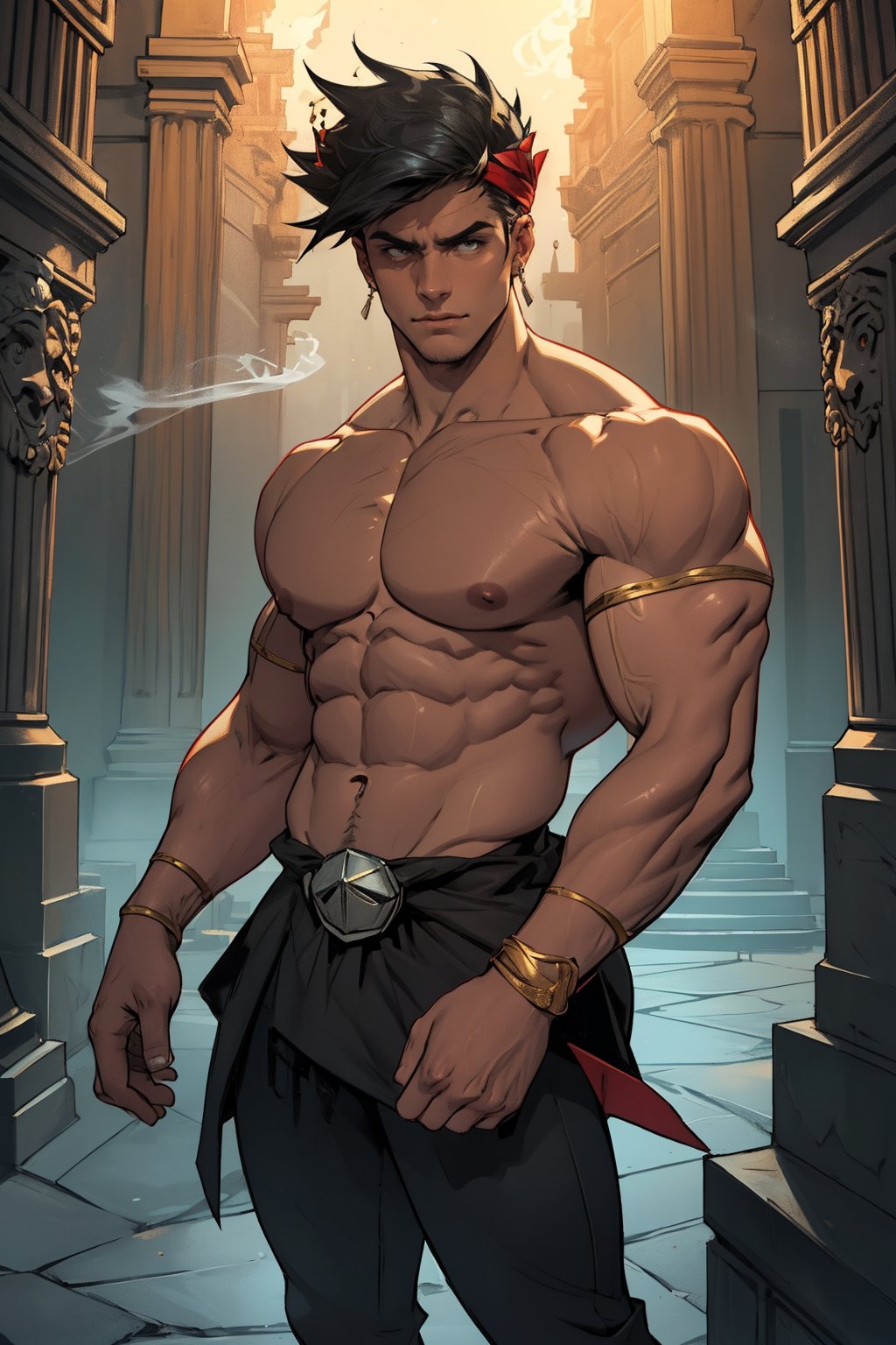 Zagreus stands confidently, massive physique dominating darkened temple's dimly lit chamber, broad shoulders and powerful arms accentuated by shadows, chiseled chest and defined abs seeming to gleam in faint torchlight. Framed by ornate stone columns, Zagreus' piercing gaze casts unyielding glare, commanding attention as ancient incense wafts through air, enveloping the scene in mystique.
