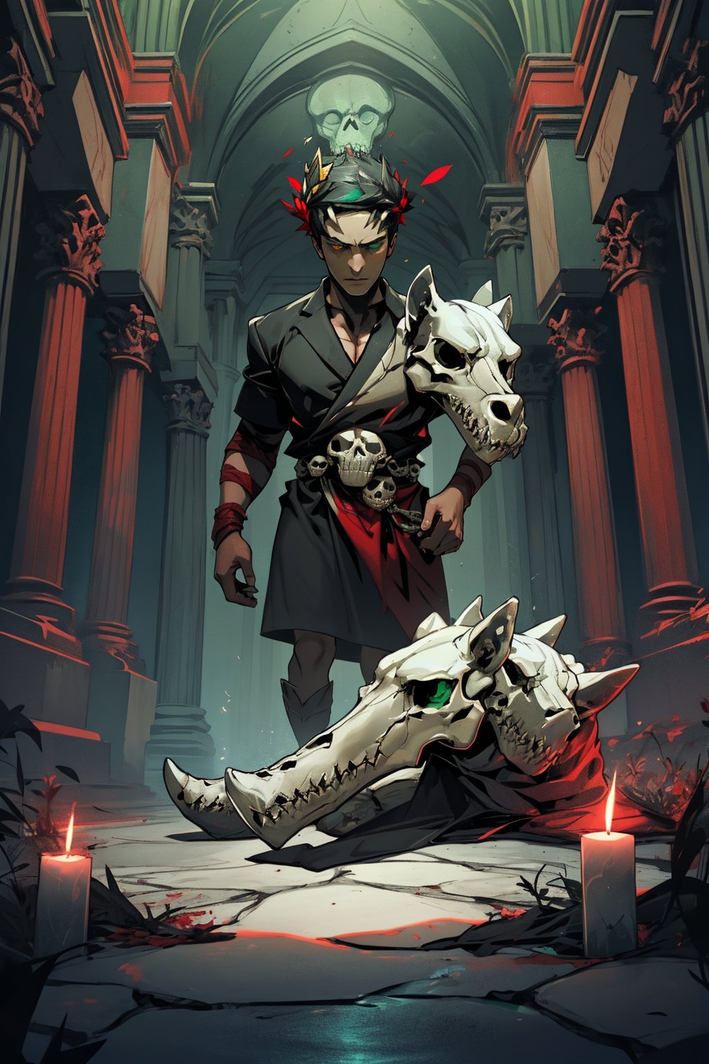 A brooding Zagreus, crowned with laurel and shrouded in darkness, looms over the diminutive figure of the heterochromatic youth, whose emerald green left eye and crimson red right eye seem to burn with an otherworldly intensity. The boy's muscular form is juxtaposed against the imposing presence of the god, as a human skull lies at their feet, a morbid reminder of mortality's fleeting nature. Amidst the dimly lit, shadowy chamber, the eerie tableau unfolds, casting an unsettling spell.