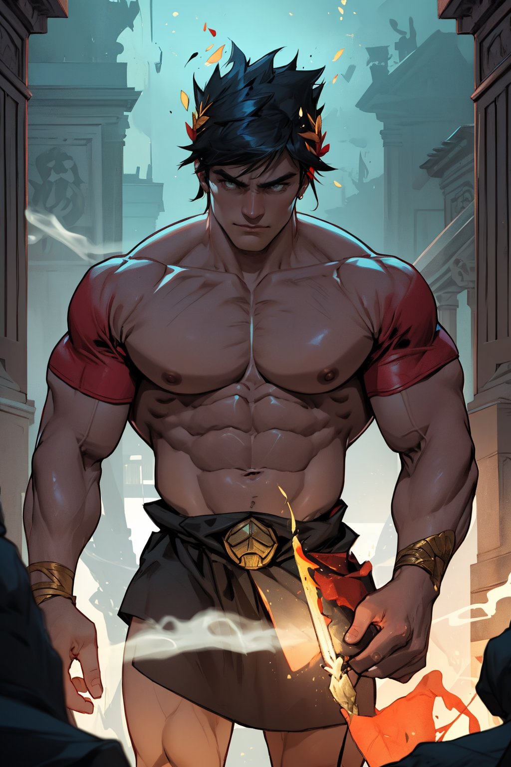 Zagreus stands confidently, his massive physique dominating the darkened temple's dimly lit chamber. Framed by shadows, his broad shoulders and powerful arms accentuate his imposing stature. Torchlight dances across his chiseled chest and defined abs, casting a faint glow on his bronzed skin. Ancient incense wafts through the air as he casts an unyielding glare, his piercing gaze commanding attention amidst the temple's mystique.