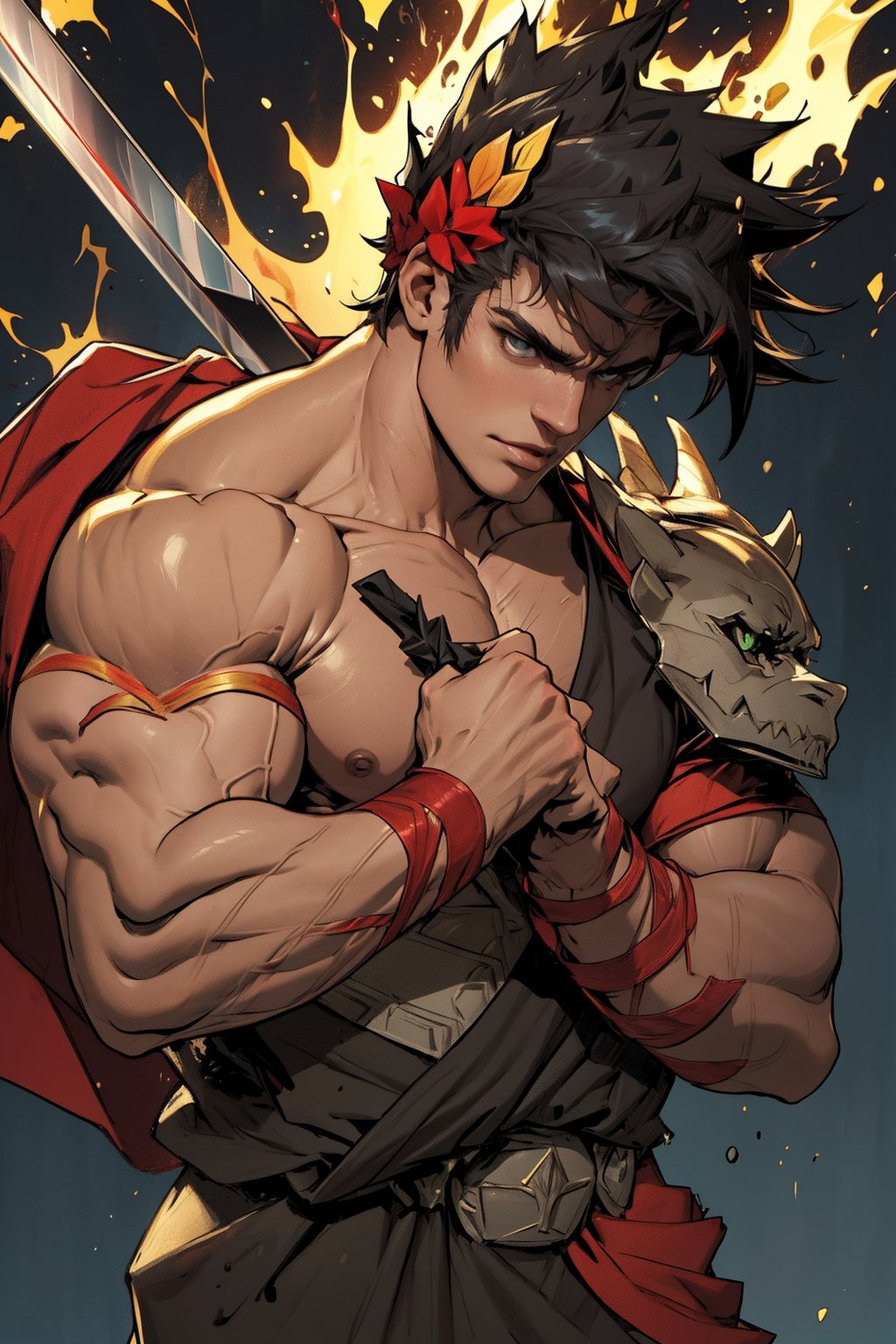 Close-up shot of Zagreus's imposing figure, his broad shoulders and powerful physique dominating the frame. Strong lighting accentuates the definition in his muscles as he stands confidently, one hand resting on the hilt of his sword. The dark background allows his bold features to take center stage, emphasizing his rugged charm.