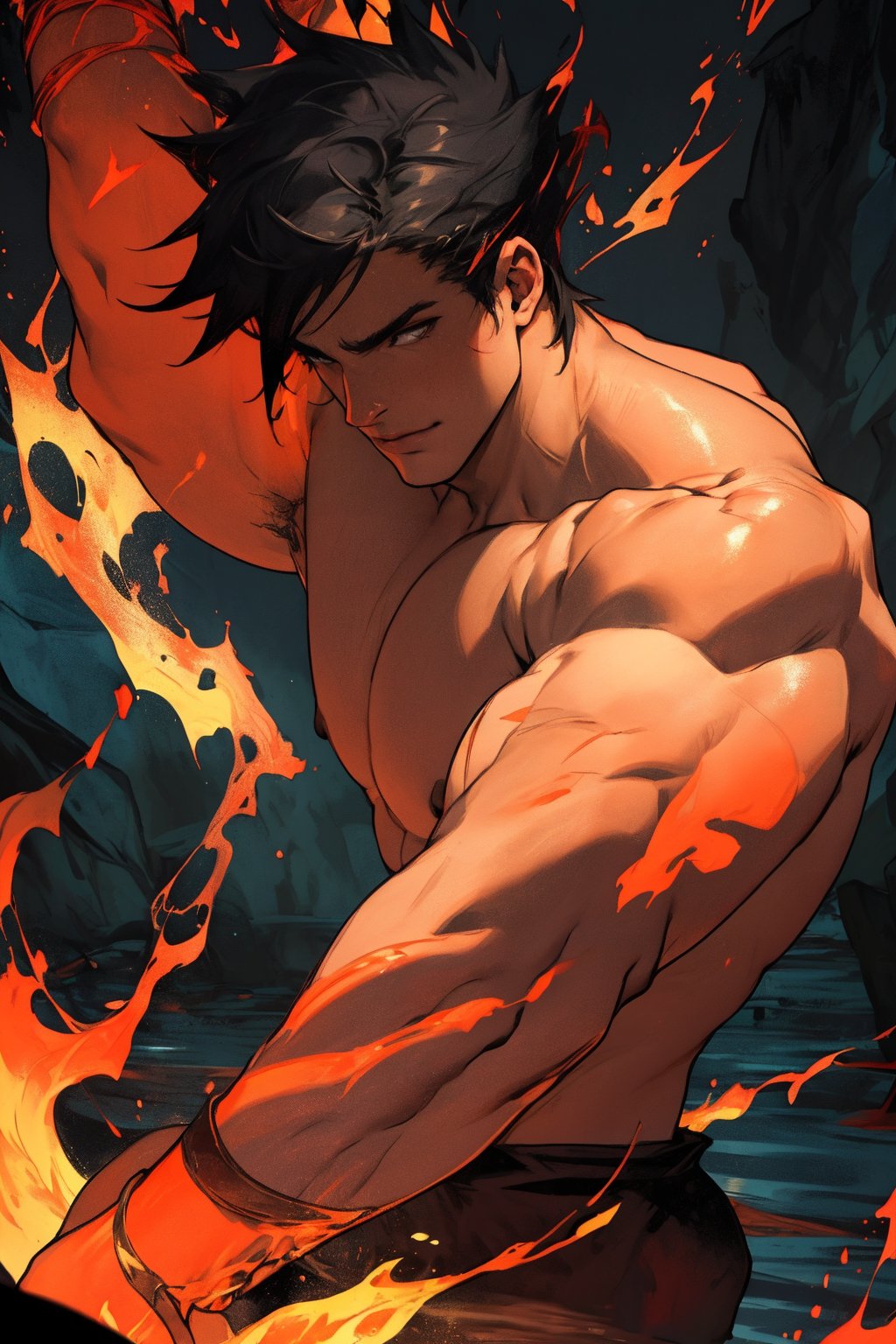 A close-up shot of Zagreus, a powerful demon with a massive, imposing physique, his large muscles rippling beneath his dark, scaly skin as he flexes his arm, the lighting casting deep shadows on his face and highlighting the sharp contours of his features. The background is a dark, eerie abyss, with faint, flickering flames dancing in the distance.