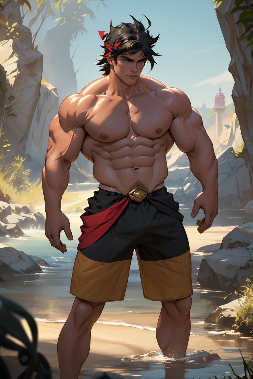 Close-up shot of Zagreus's chiseled physique, showcasing his broad chest, bulging biceps, and powerful shoulders, all exposed and gleaming in the warm golden light. The camera frames his muscular form against a neutral background, emphasizing the contours of his body as he stands confidently with his weight evenly distributed on both feet.