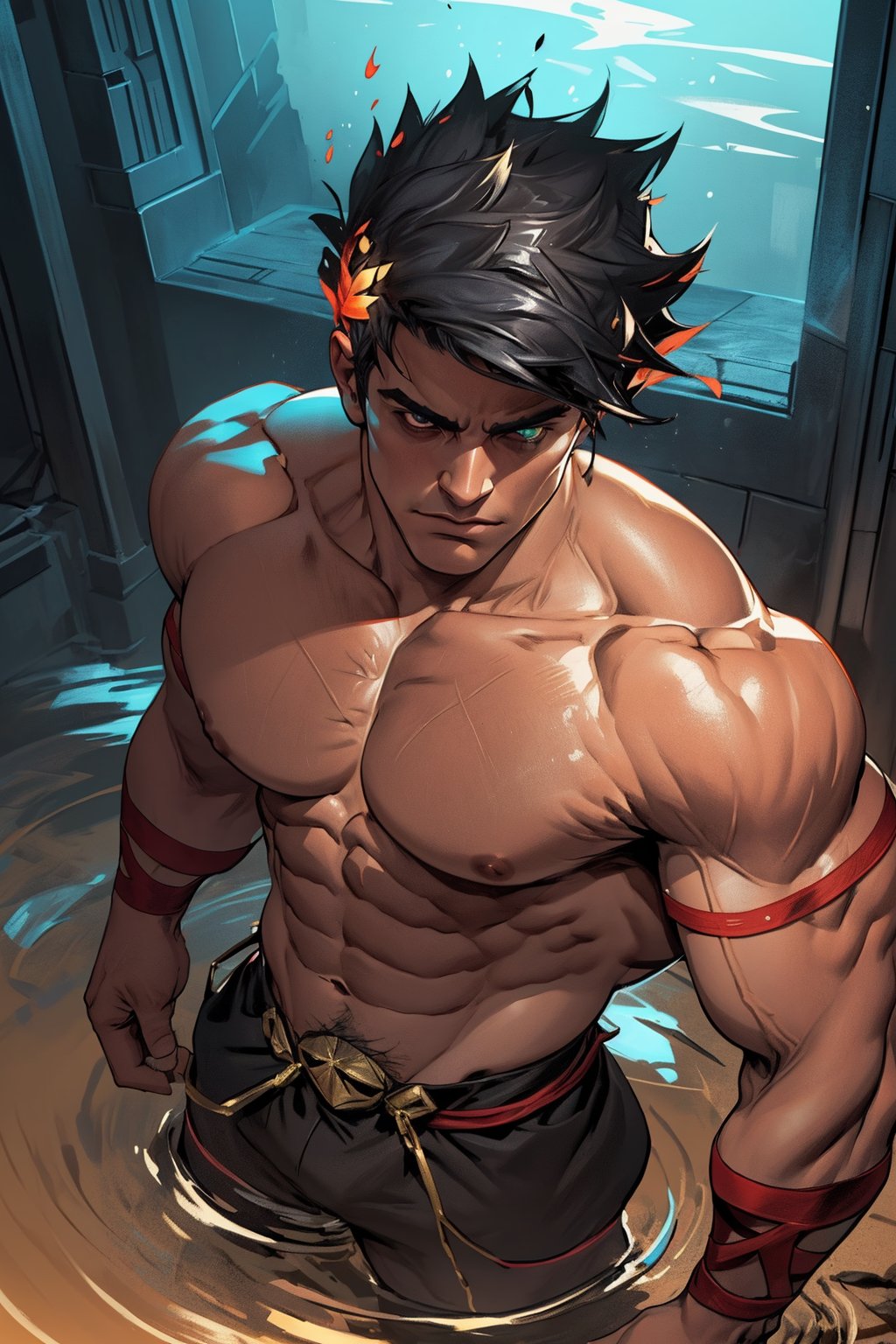 Zagreus, a powerful figure, stands confidently with his chiseled muscles rippling beneath his skin. His defined abs and broad shoulders are accentuated by the dramatic lighting, casting a warm glow on his physique. The camera captures his imposing stance from a slightly overhead angle, emphasizing his strength and authority.