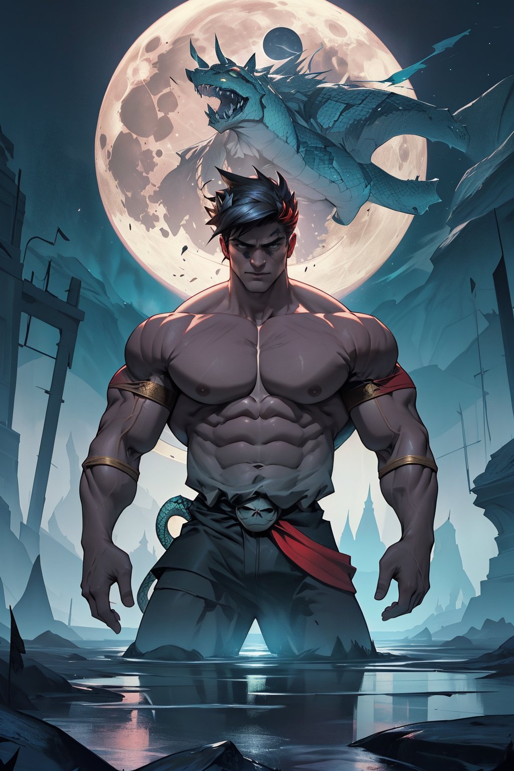 A darkened, eerie landscape serves as the backdrop for Zagreus, his imposing physique radiating power and menace. His massive muscles ripple beneath his skin as he flexes, veins bulging like snakes under the moon's pale light. The air is heavy with an otherworldly energy, as if the very fabric of reality trembles in response to his mighty form.
