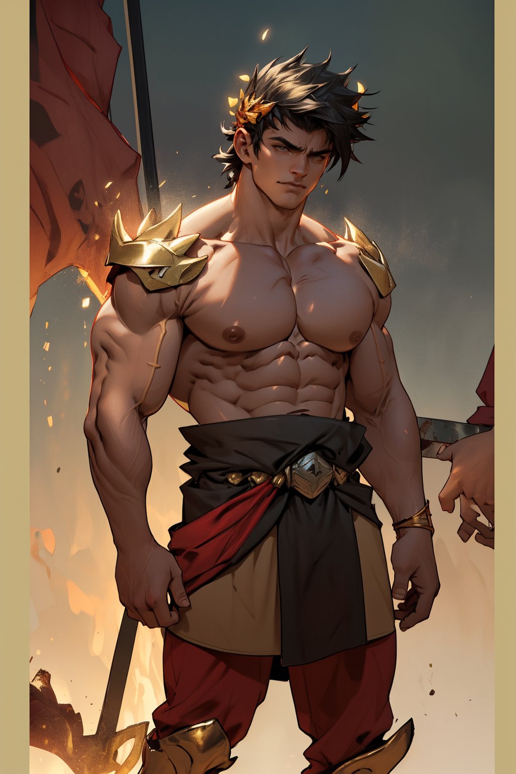 Zagreus' chiseled physique fills the frame, defined muscles rippling beneath his bronzed skin as he stands confidently with feet shoulder-width apart. Warm lighting accentuates the contours of his chest and arms, casting a golden glow on his rugged features. The background fades to soft focus, drawing attention solely to the powerful demon's imposing presence.