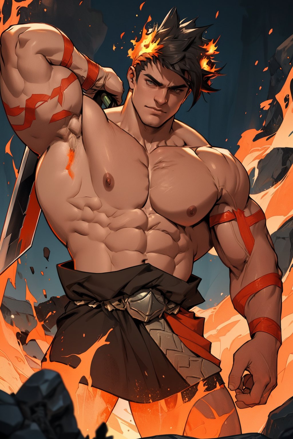 Close-up shot of Zagreus standing tall, his massive muscular physique dominating the frame. His chiseled arms flex as he holds a gleaming sword, veins bulging beneath skin-tight scales. The fiery pit of the underworld glows in the background, casting an ominous orange hue over his powerful form.