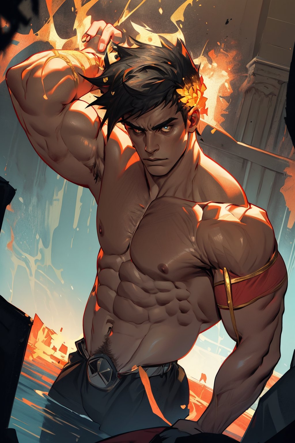 In a bold composition, Zagreus stands resolute, chiseled muscles flexing beneath his skin as the dramatic lighting casts a warm, golden glow upon his defined abs and broad shoulders. The camera's overhead perspective captures his imposing stance, emphasizing his unyielding strength and authoritative presence.