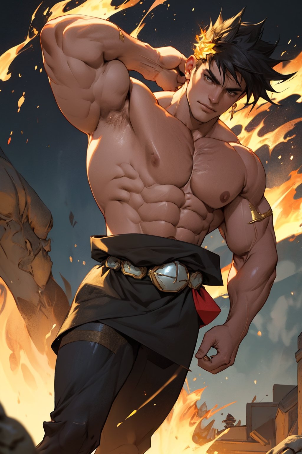 Golden light illuminates Zagreus' chiseled physique in a tight close-up shot, highlighting the defined muscles as he stands confidently with feet shoulder-width apart. His chest and arms appear sculpted, radiating strength and power. The warm glow emphasizes his rugged features, while the blurred background focuses attention solely on the demon's imposing presence, drawing the viewer's gaze to his unyielding determination.