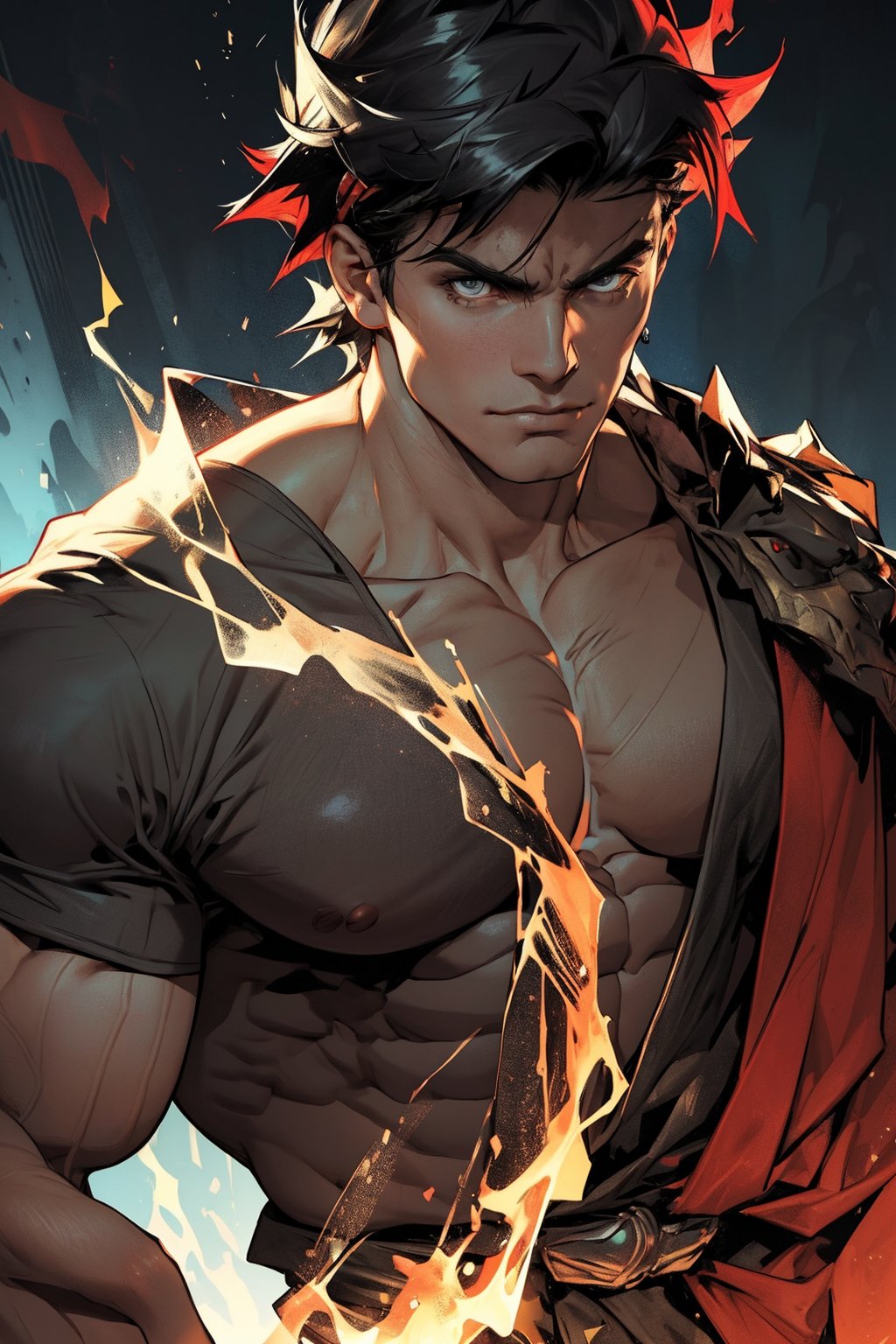 A close-up shot of Zagreus' chiseled face, his piercing gaze fixed on the camera as he proudly displays his massive, well-defined muscles. His broad shoulders and powerful physique are set against a dark, ominous background, lit by a single, intense spotlight that accentuates every contour of his imposing figure.
