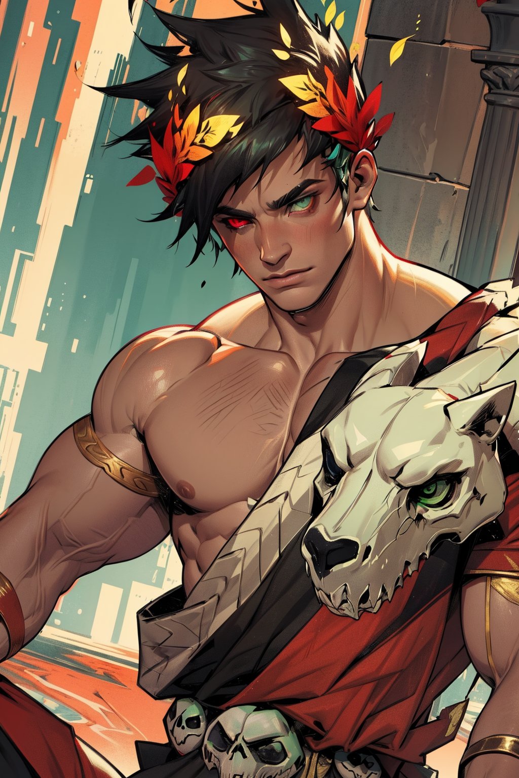 zagreus, laurel crown, 1boy, male focus, black hair, colored sclera, skull, heterochromia, left eye green, right eye red, muscular, muscular_body, muscles, buff, muscle, big_muscle, large_muscles, Single bare shoulders, Laurel crown 