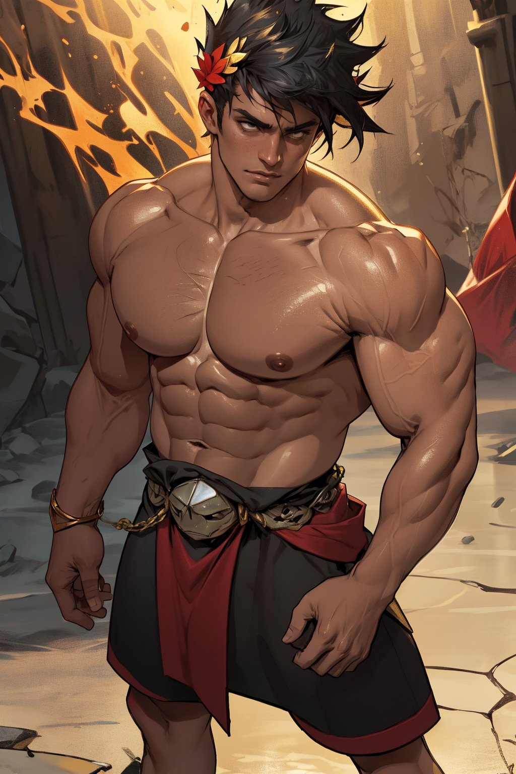 A razor-sharp close-up frames Zagreus' chiseled physique, highlighting defined muscles as he stands confidently with feet shoulder-width apart. Warm lighting accentuates chest and arm contours, casting a golden glow on rugged features. Background blurred, attention focused solely on the powerful demon's imposing presence.