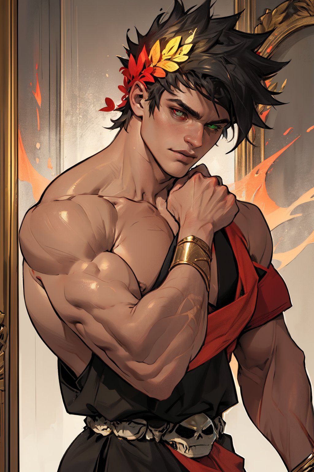 A dramatic close-up shot of Zagreus, a strong and mysterious figure, wearing a laurel crown. He's a single-broader with black hair, sporting heterochromia with a striking green left eye and fiery red right eye. His muscular physique is on full display, with bulging muscles accentuating his broad shoulders and defined arms. The lighting is soft and golden, highlighting the intricate details of his chiseled features. In the center, his skull stands out, framed by the laurel leaves, as if symbolizing power and wisdom.