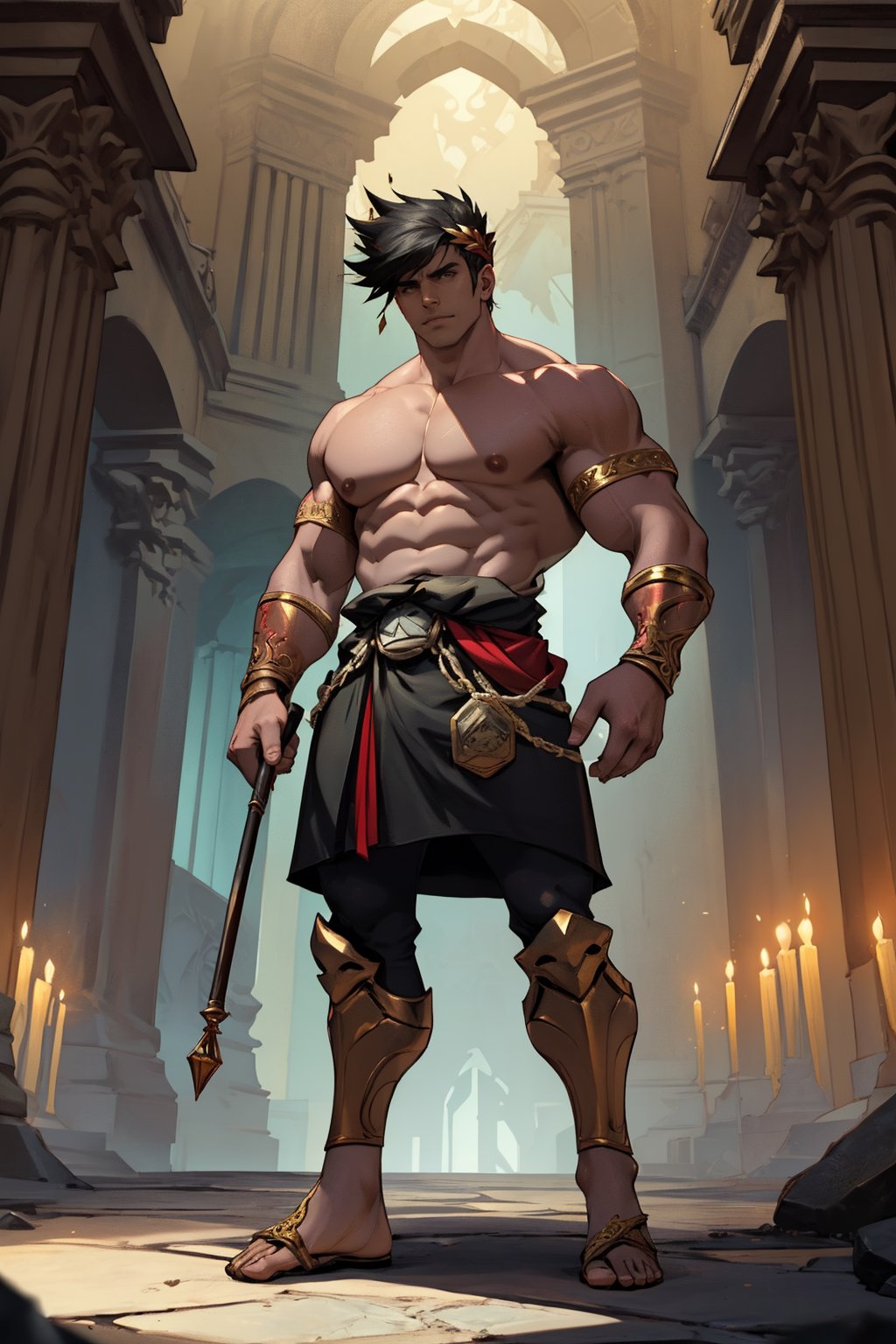 Zagreus stands confidently, his massive physique dominating the darkened temple's dimly lit chamber. Framed by the archway, his broad shoulders and powerful arms are accentuated by the shadows, while his chiseled chest and defined abs seem to gleam in the faint torchlight. The air thick with ancient incense, Zagreus' piercing gaze casts an unyielding glare, his presence commanding attention as he stands resolute before the ornate altar.