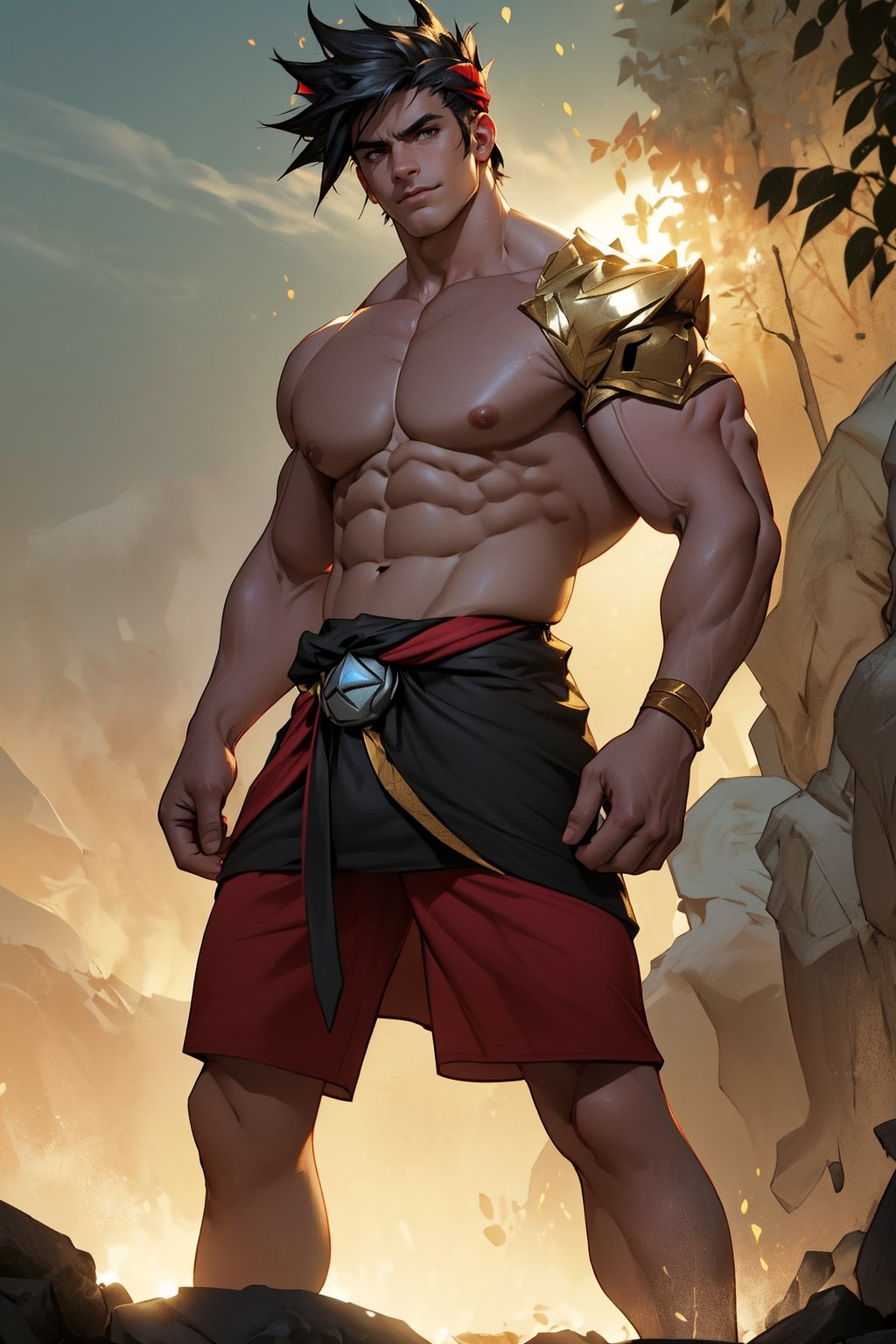 Close-up shot of Zagreus's powerful physique: broad shoulders, bulging biceps, and defined abs. His chiseled chest is highlighted under warm golden lighting, emphasizing the curves of his muscular frame as he stands confidently, feet shoulder-width apart, with a subtle smirk on his face, exuding strength and dominance.