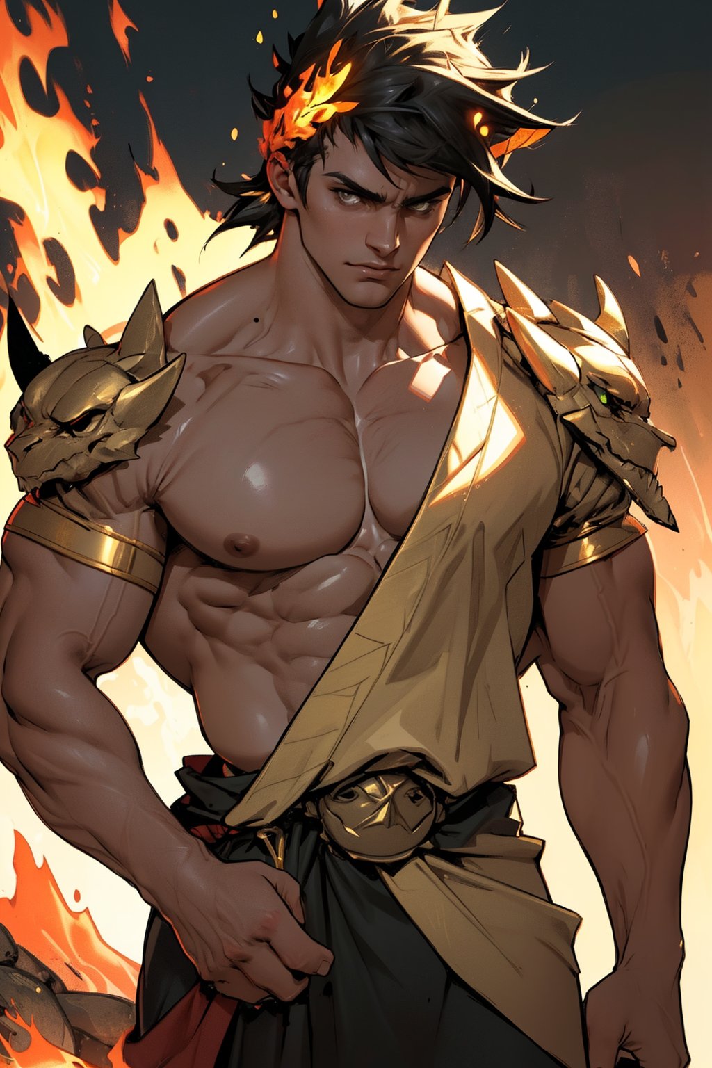 A razor-sharp close-up frames Zagreus' chiseled physique, highlighting defined muscles as he stands confidently with feet shoulder-width apart. Warm lighting accentuates chest and arm contours, casting a golden glow on rugged features. Background blurred, attention focused solely on the powerful demon's imposing presence.