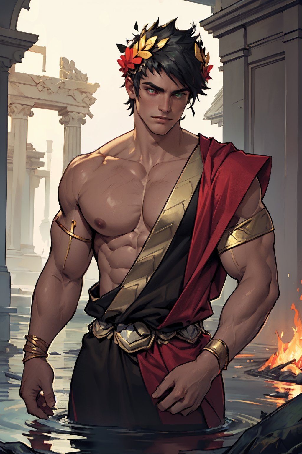 A dramatic depiction of Zagreus, the god of the underworld, donning a laurel crown. The camera focuses on a single male figure with black hair and striking heterochromatic eyes - his left eye gleams emerald green, while his right eye shines like rubies. His muscular physique is accentuated by buff shoulders, toned muscles rippling beneath his skin as he stands with confidence, the laurel wreath resting regally atop his dark locks.