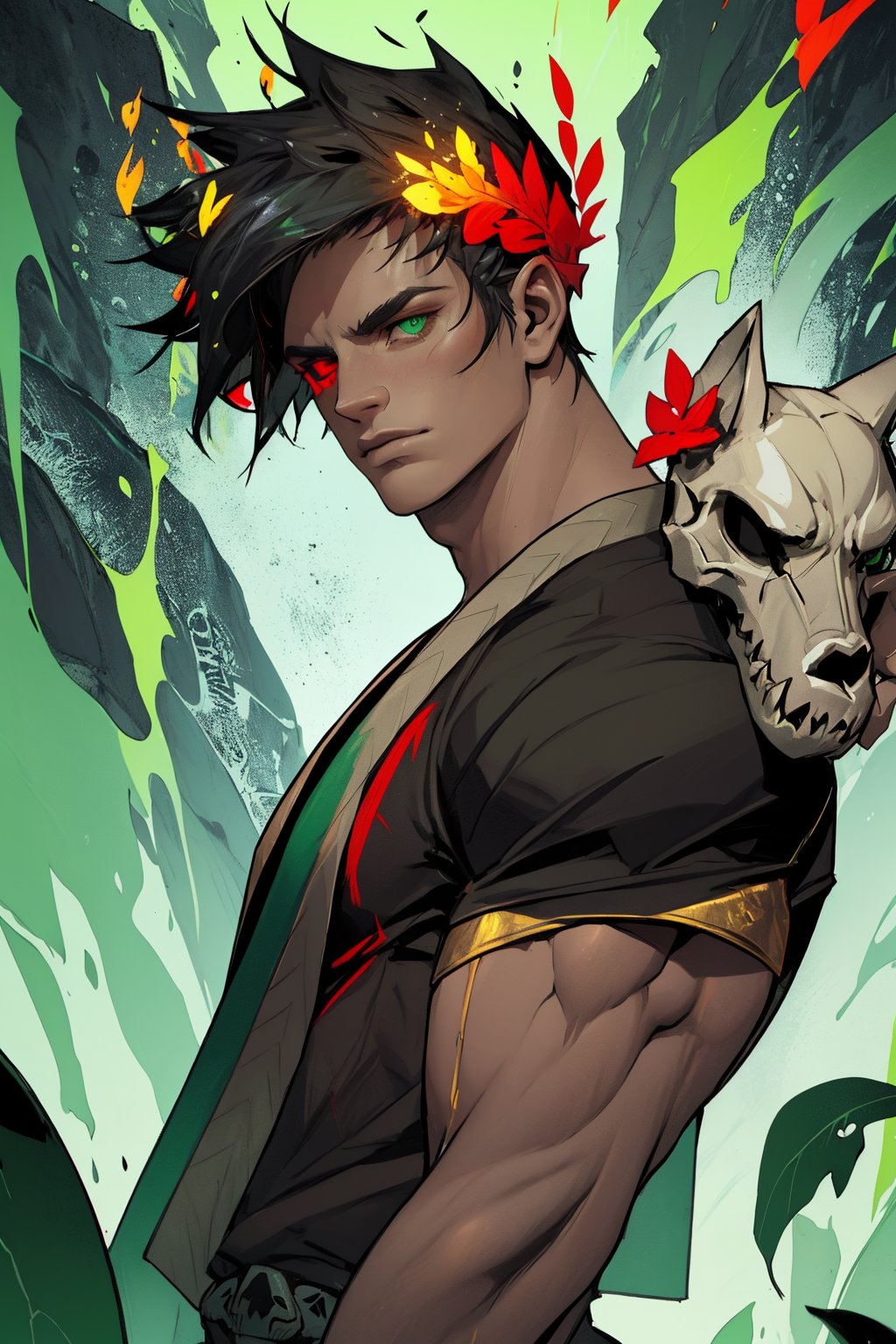 A close-up shot of Zagreus, a powerful and mysterious individual, adorned with a laurel crown, as he stands confidently. His jet-black hair is slicked back, highlighting the striking heterochromia of his eyes: the left eye gleams emerald green, while the right eye blazes fiery red. The skull-like features are accentuated by a subtle, eerie glow. A strong, muscular physique is evident beneath his attire, exuding an aura of dominance.